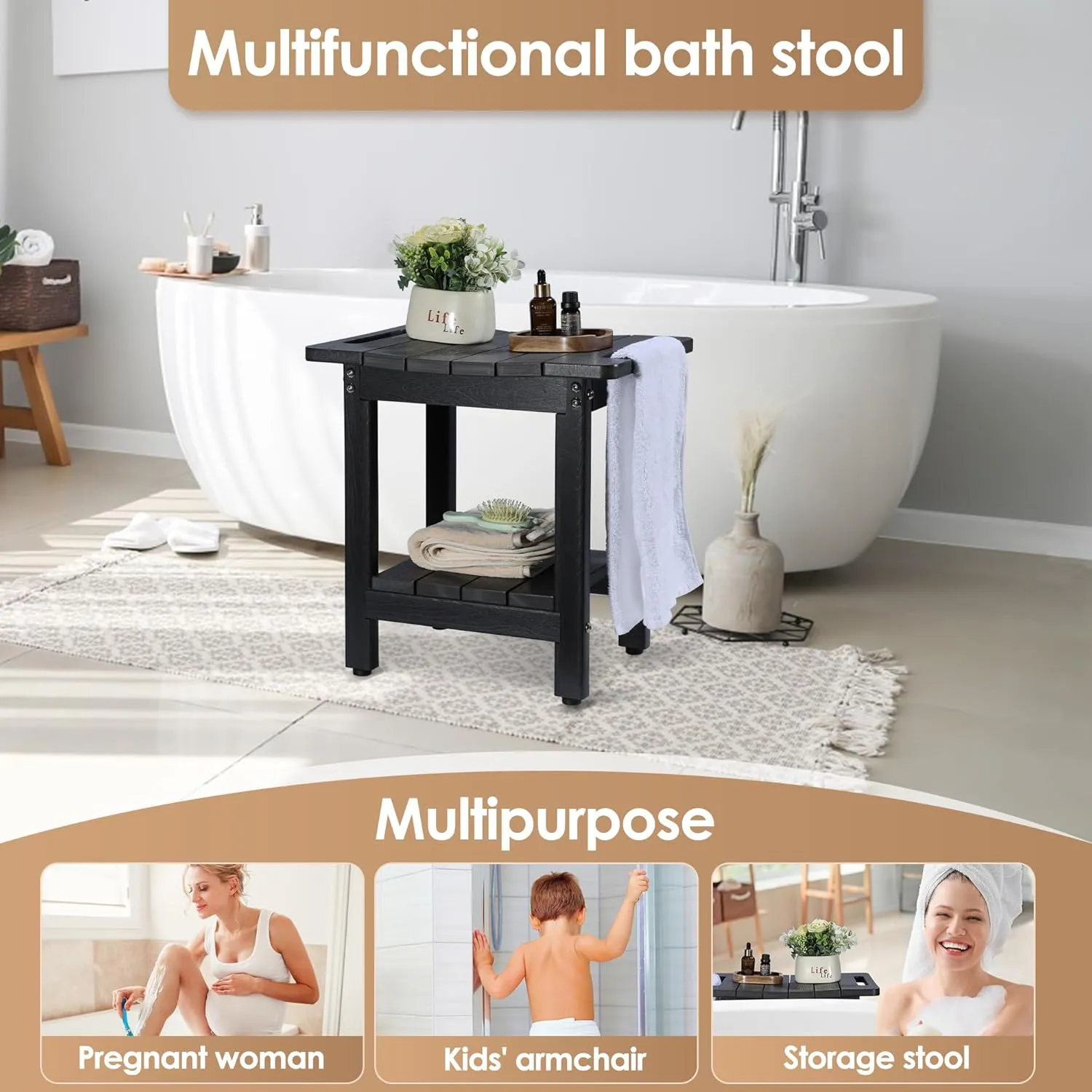 HDPE Shower Bench for Inside Spray Bath – Waterproof, Durable Shower Seat for Adults – Non-Slip Bathe Chair Stool with Adjustable Feet for Bathroom, Bathtub, Supports Up to 300 lbs, Black