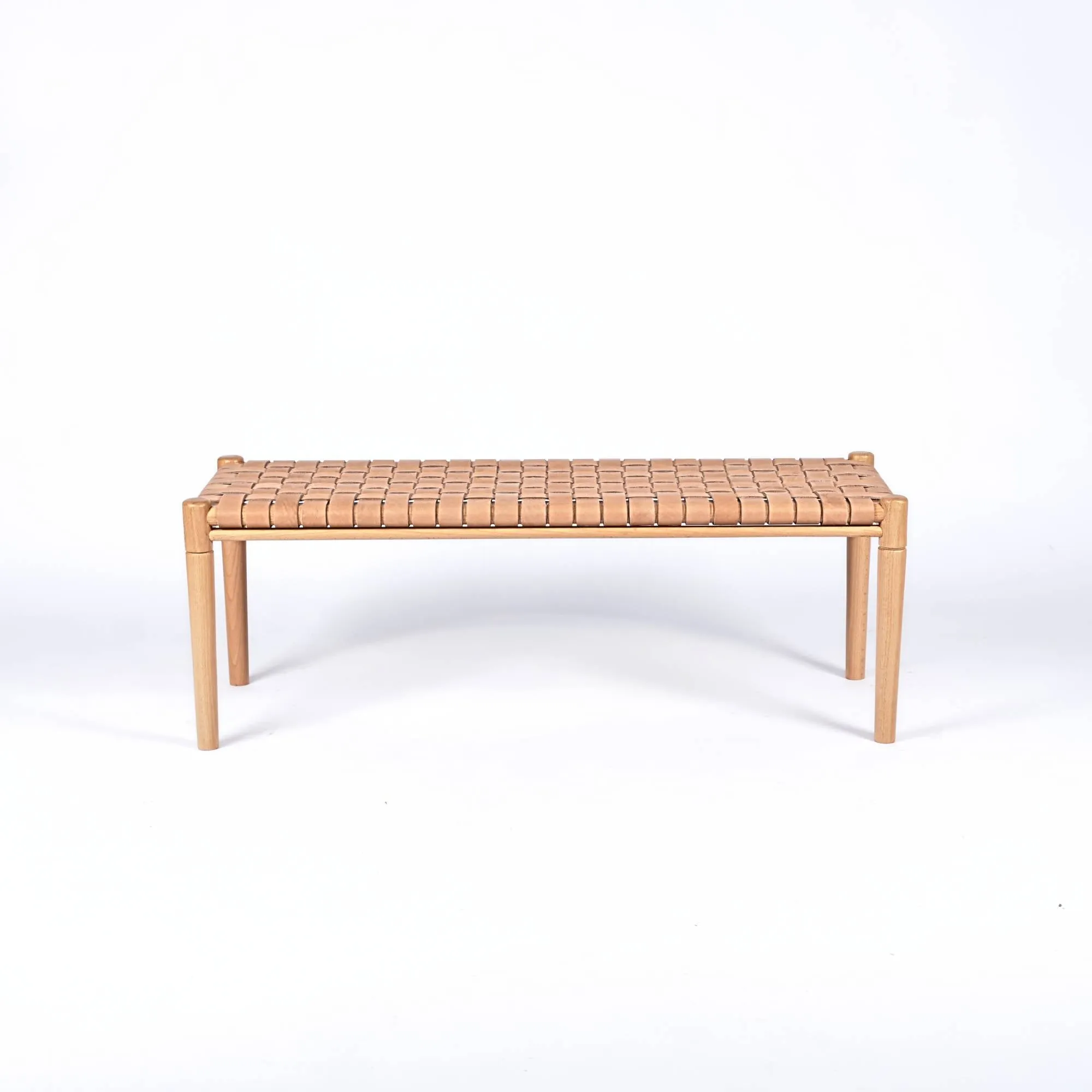 Helga Woven Leather Bench - Varnished Teak Wood With Strap Beige Leather