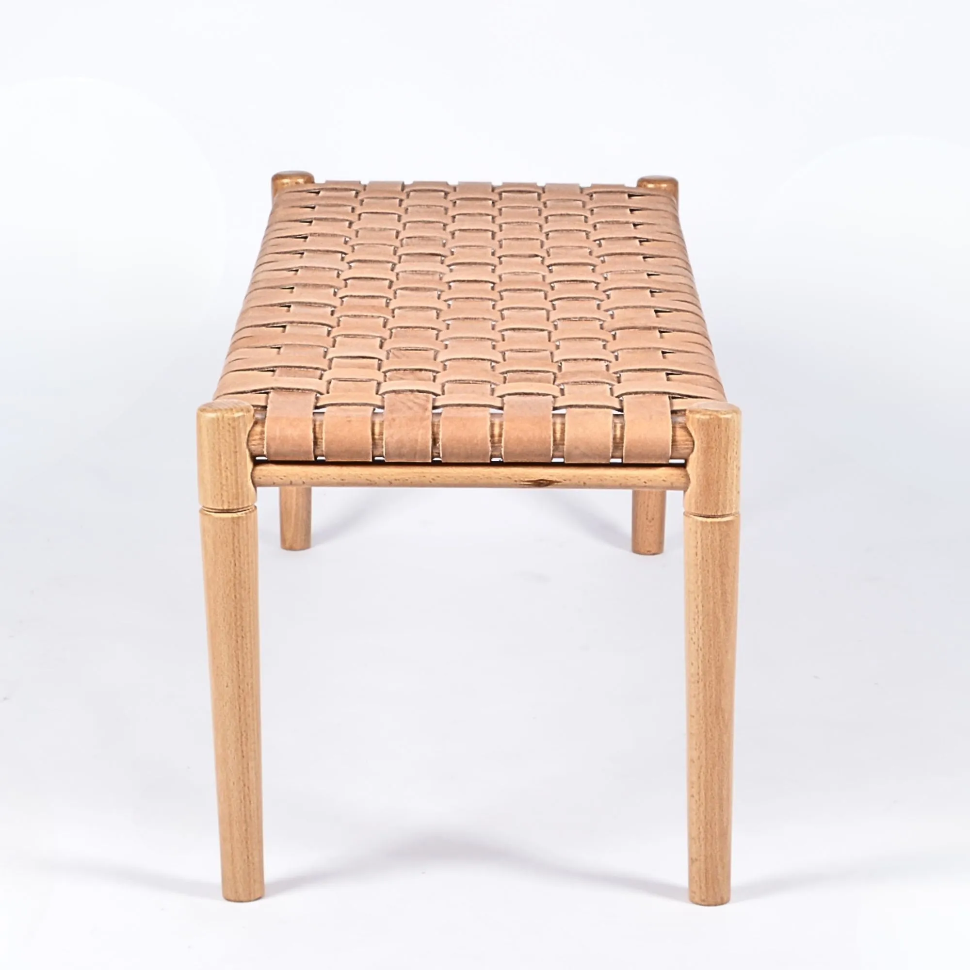 Helga Woven Leather Bench - Varnished Teak Wood With Strap Beige Leather