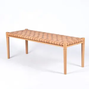 Helga Woven Leather Bench - Varnished Teak Wood With Strap Beige Leather