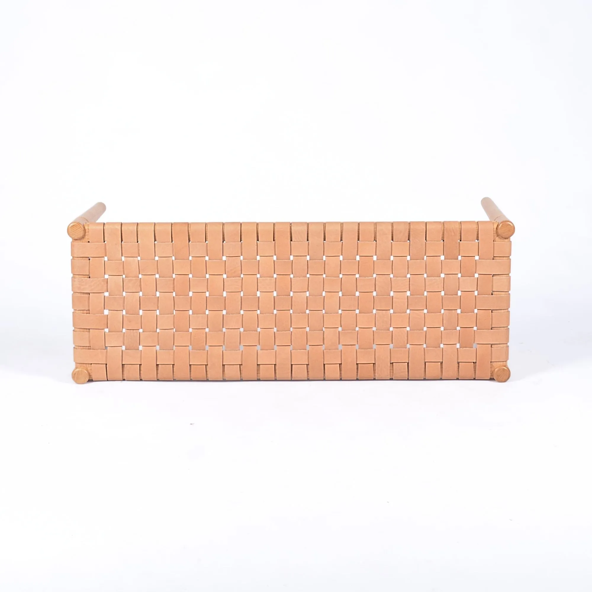 Helga Woven Leather Bench - Varnished Teak Wood With Strap Beige Leather