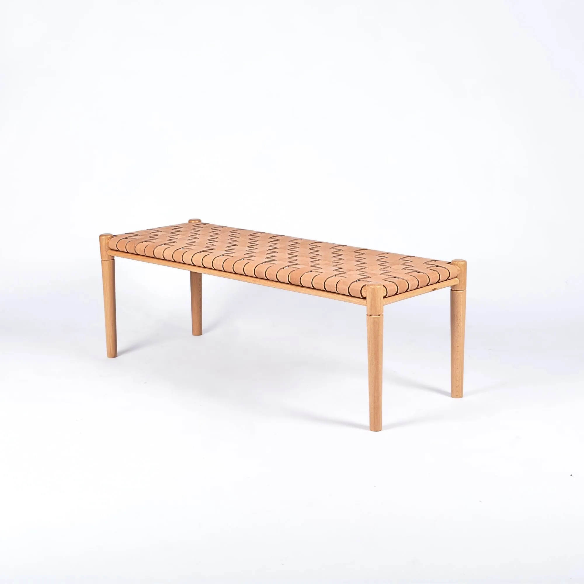 Helga Woven Leather Bench - Varnished Teak Wood With Strap Beige Leather
