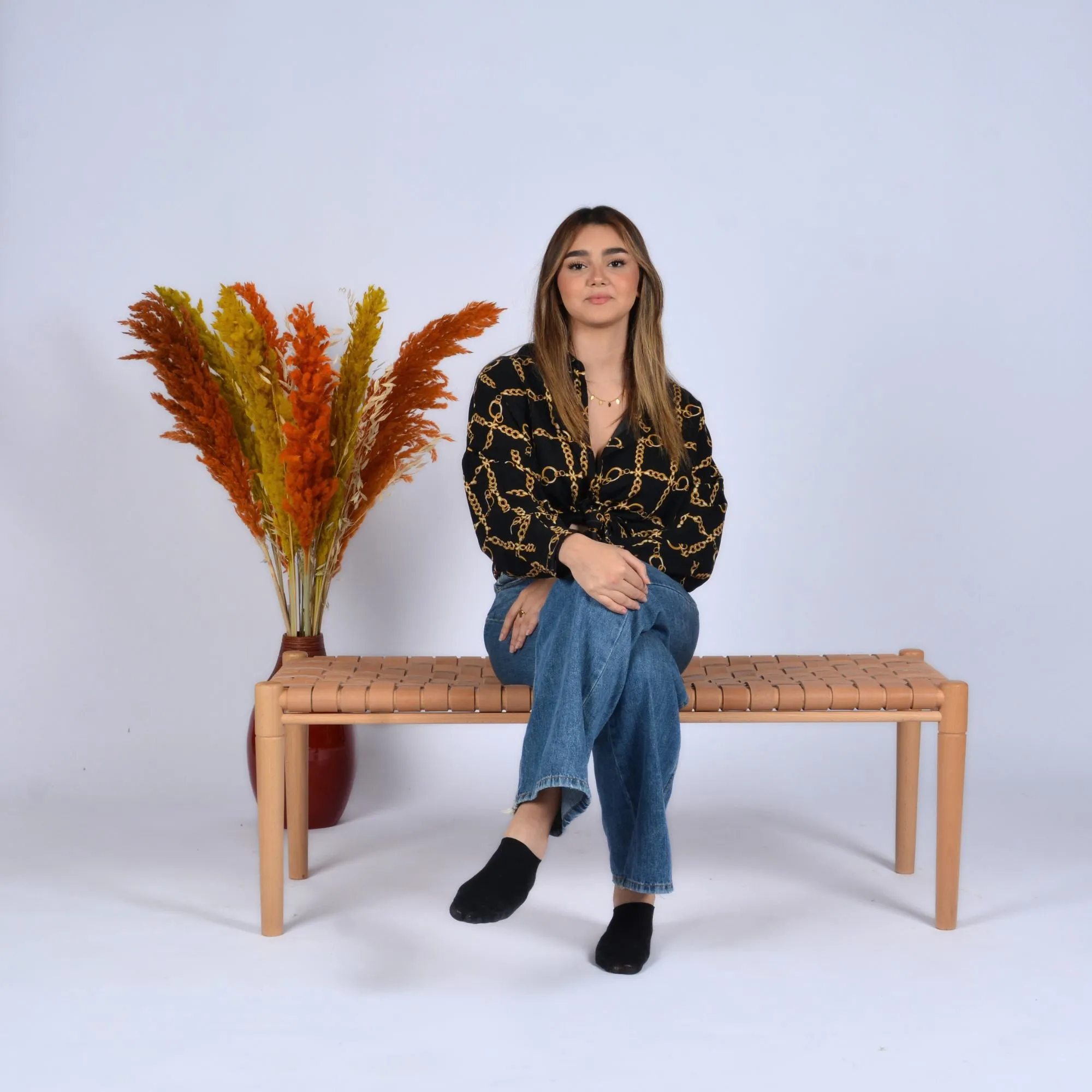 Helga Woven Leather Bench - Varnished Teak Wood With Strap Beige Leather