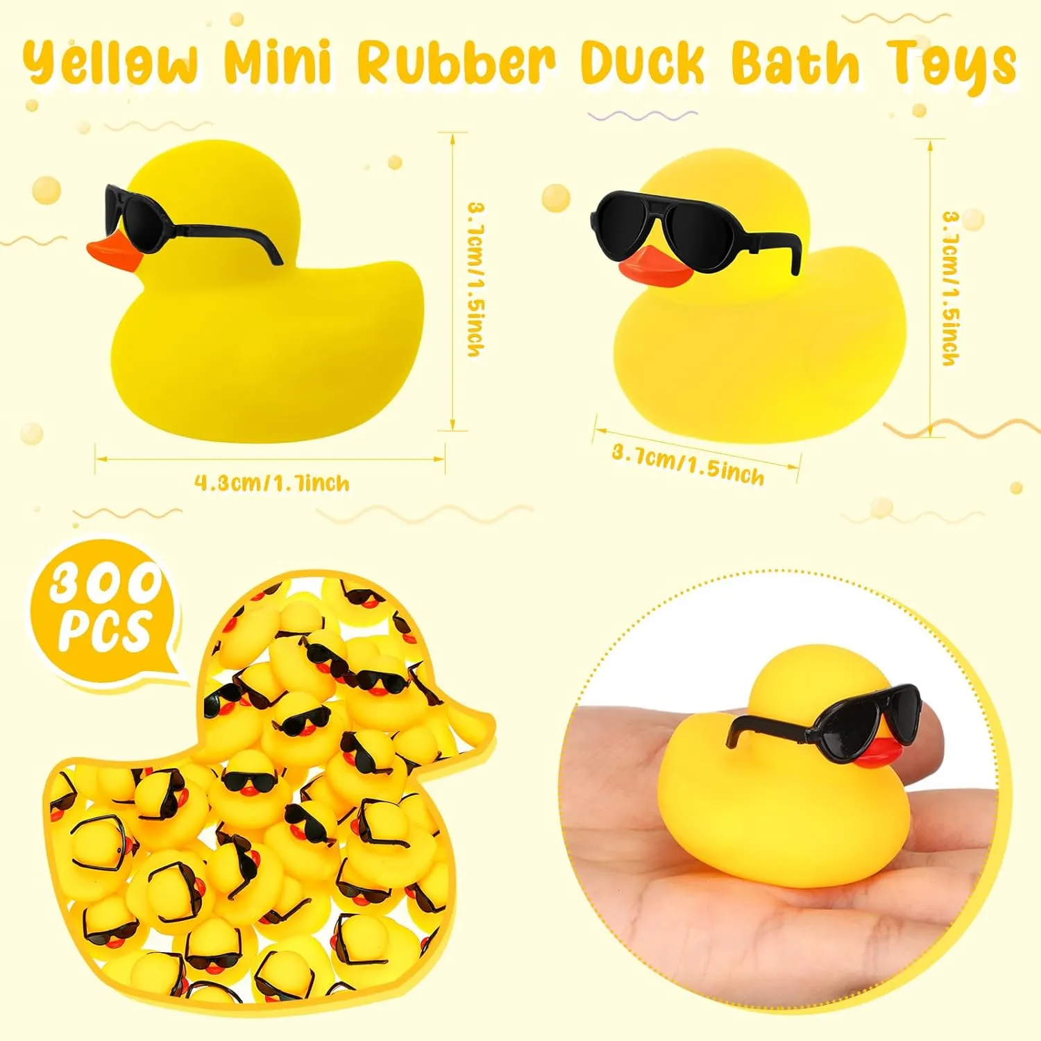 Hiboom 300 Pack Mini Rubber Ducks Set Bath Toys in Bulk with Sunglasses Float Squeak Tiny Baby Shower Rubber Duck Bathtub Pool Toy for Kids Party Birthday Supplies Prize Rewards(Yellow)