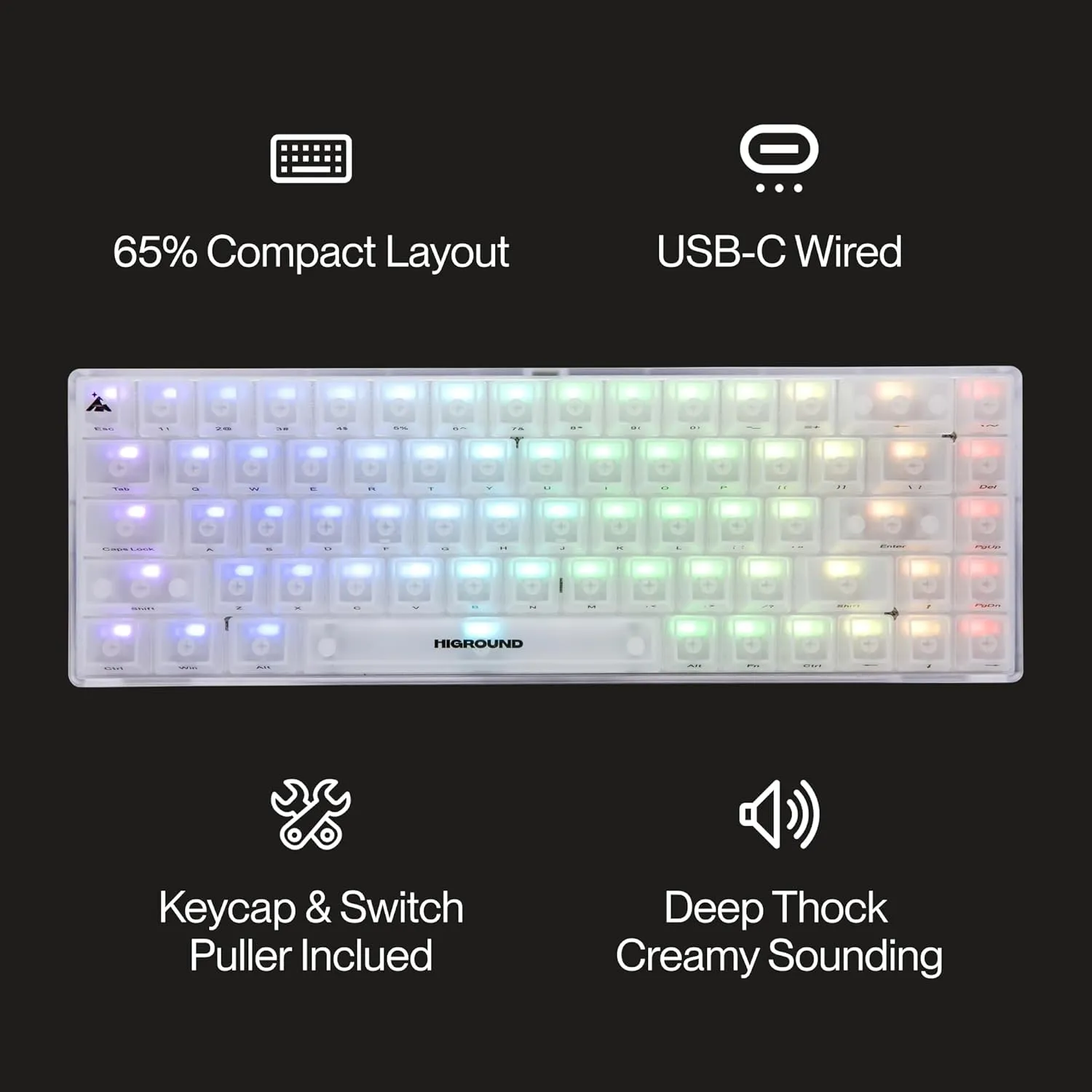Higround Crystal Opal Basecamp 65% Mechanical USB Wired Gaming Keyboard, Silent Glacier Switches, Programmable RGB, Transparent/Translucent, Hot-Swappable, Deep Thock Creamy Sounding PC Keyboard