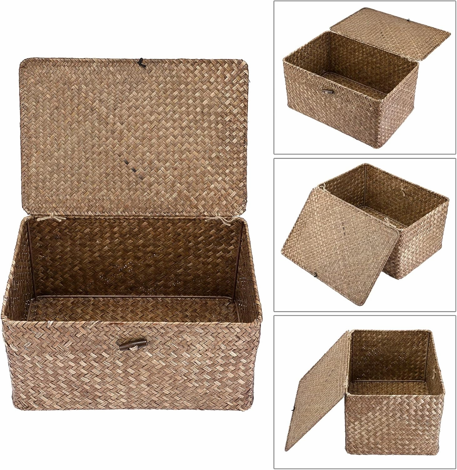 Hipiwe Wicker Shelf Baskets Bin with Lid, Handwoven Seagrass Basket Storage Bins Rectangular Household Basket Boxes for Shelf Wardrobe Home Organizer, Coffee Large