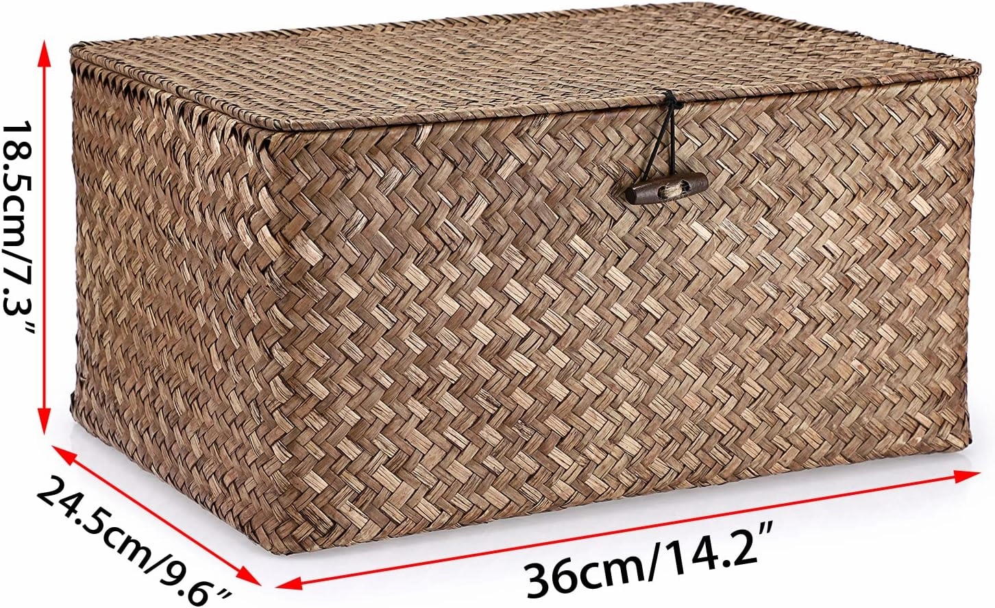 Hipiwe Wicker Shelf Baskets Bin with Lid, Handwoven Seagrass Basket Storage Bins Rectangular Household Basket Boxes for Shelf Wardrobe Home Organizer, Coffee Large
