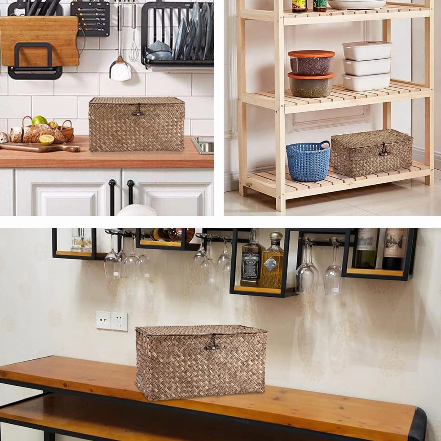 Hipiwe Wicker Shelf Baskets Bin with Lid, Handwoven Seagrass Basket Storage Bins Rectangular Household Basket Boxes for Shelf Wardrobe Home Organizer, Coffee Large