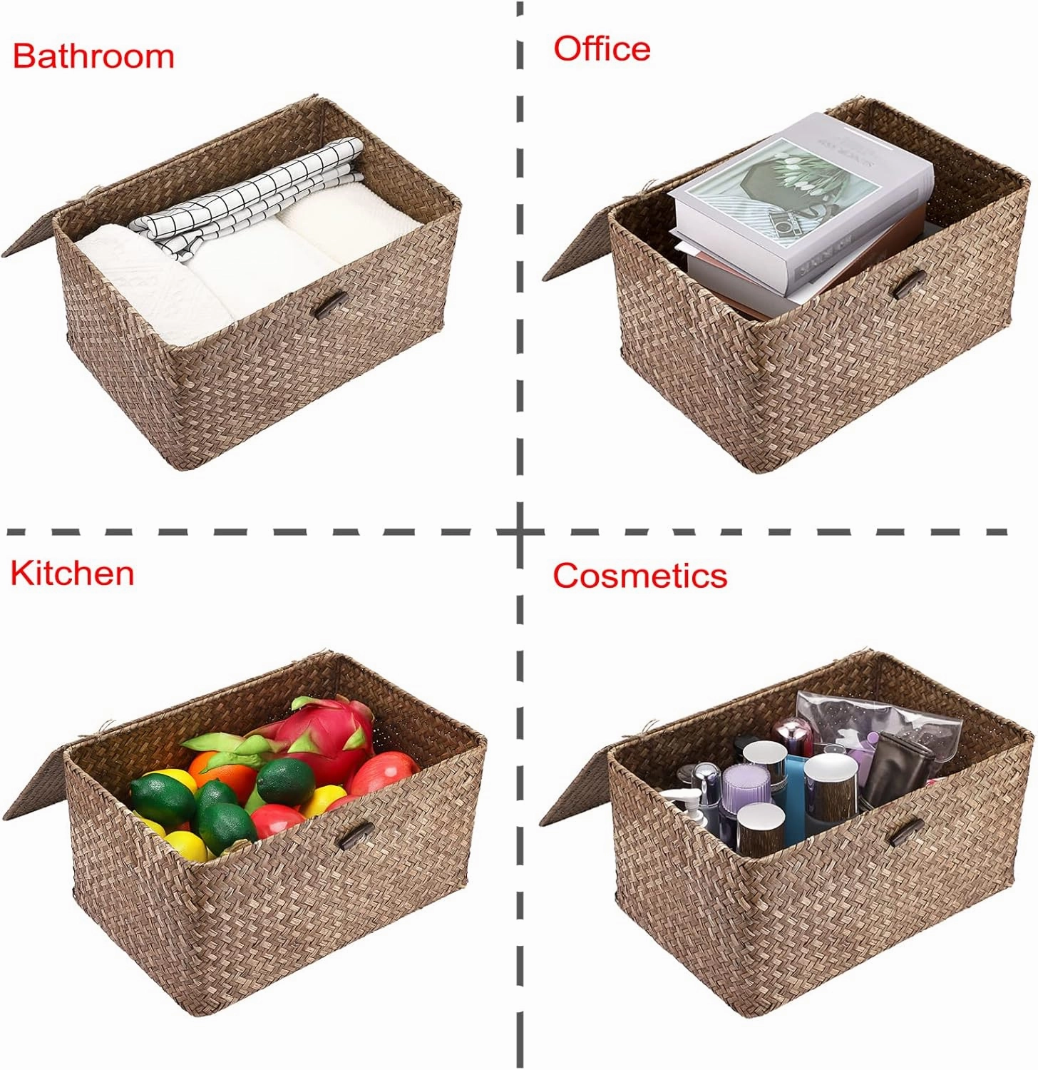 Hipiwe Wicker Shelf Baskets Bin with Lid, Handwoven Seagrass Basket Storage Bins Rectangular Household Basket Boxes for Shelf Wardrobe Home Organizer, Coffee Large