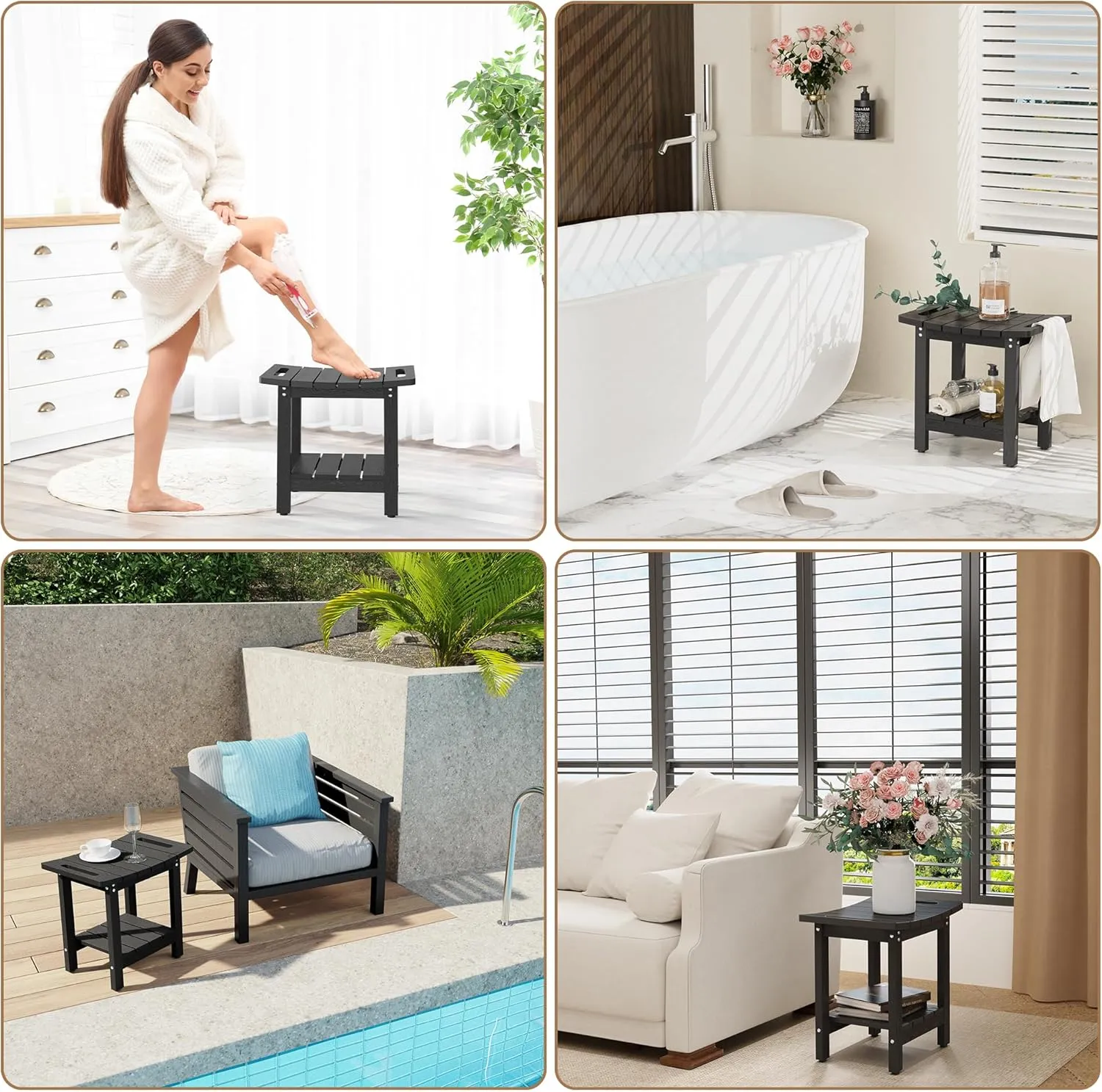 HIPS Shower Benches for Inside Shower, Shower Stool with Space-Efficient Storage Shelf, Waterproof Shower Chair Seat for Spa Bathroom(Black)