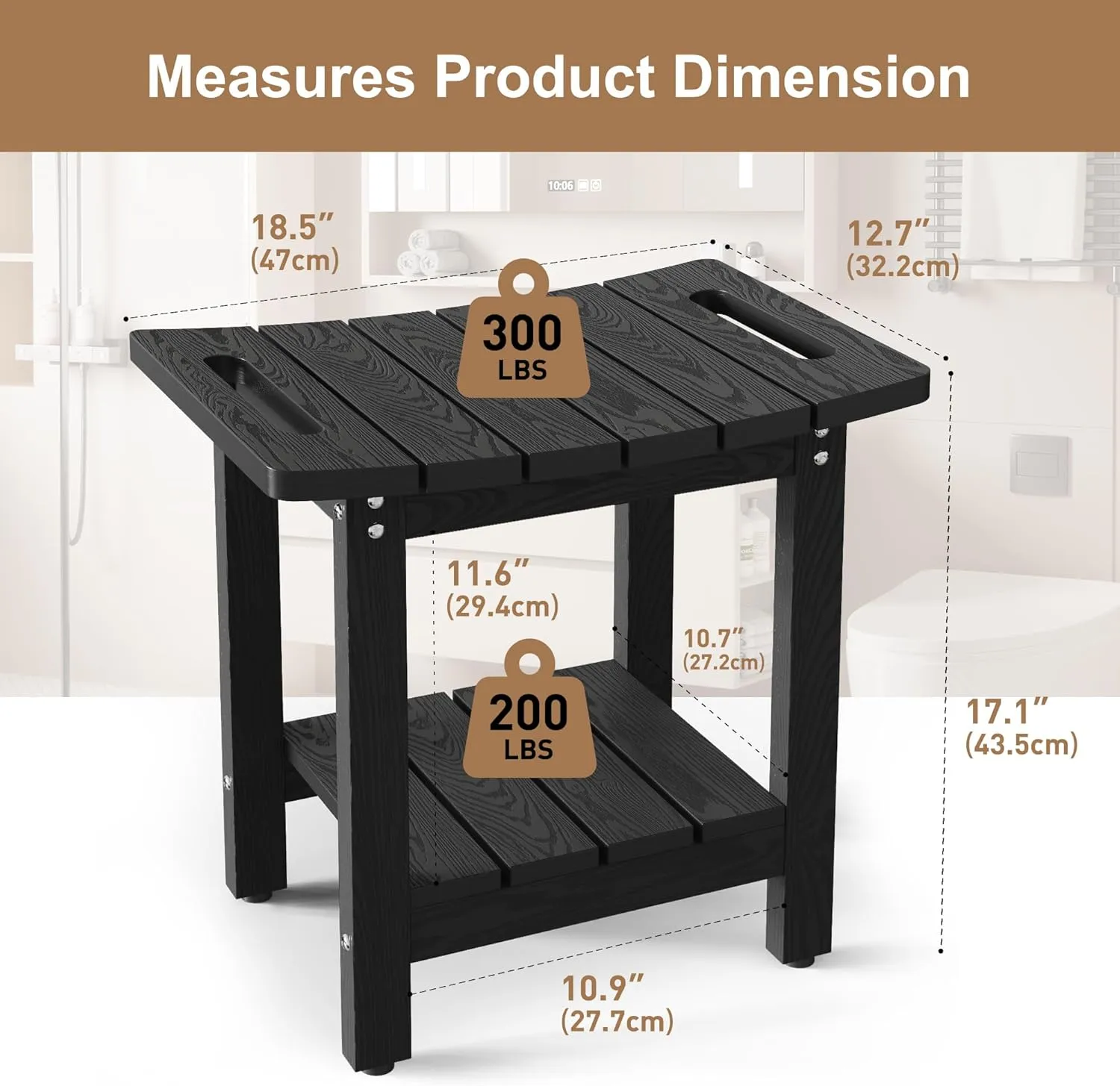 HIPS Shower Benches for Inside Shower, Shower Stool with Space-Efficient Storage Shelf, Waterproof Shower Chair Seat for Spa Bathroom(Black)