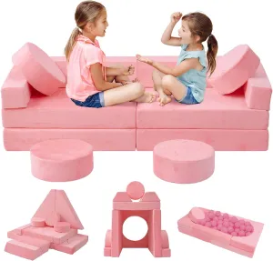 HOMFINE 16pcs Modular Kids Play Couch, Child Kids Couch Building Fort, Bedroom and Playroom Furniture for Toddlers, Convertible Foam and Floor Cushion for Boys and Girls, Pink