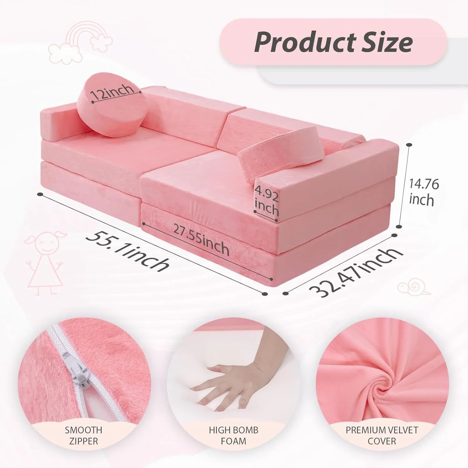 HOMFINE 16pcs Modular Kids Play Couch, Child Kids Couch Building Fort, Bedroom and Playroom Furniture for Toddlers, Convertible Foam and Floor Cushion for Boys and Girls, Pink
