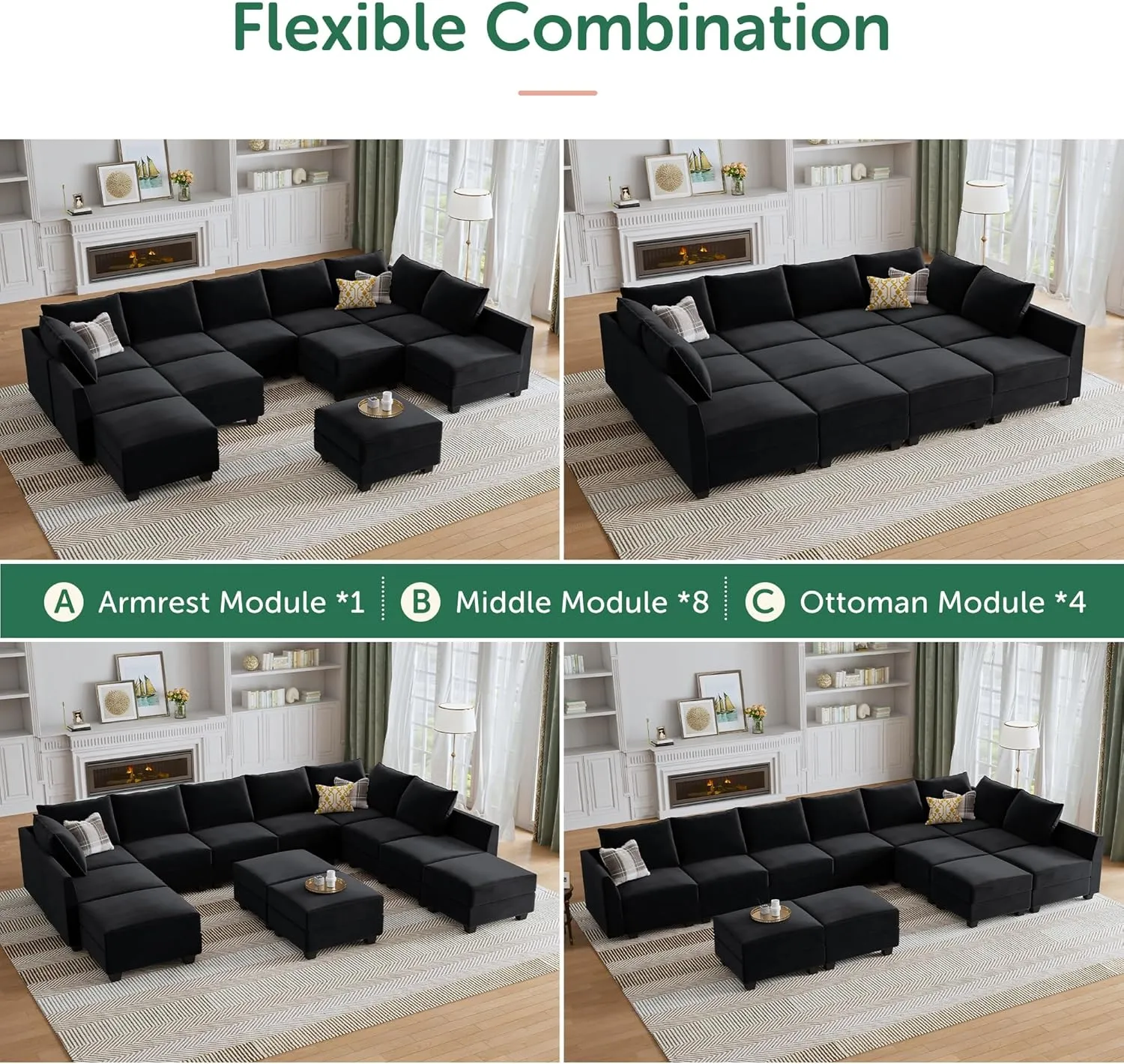 HONBAY Modular Sectional Sleeper Sofa Couch with Storage Seat Modular Convertible Sectional Couch Bed Module Sleeper Couch for Living Room,Black