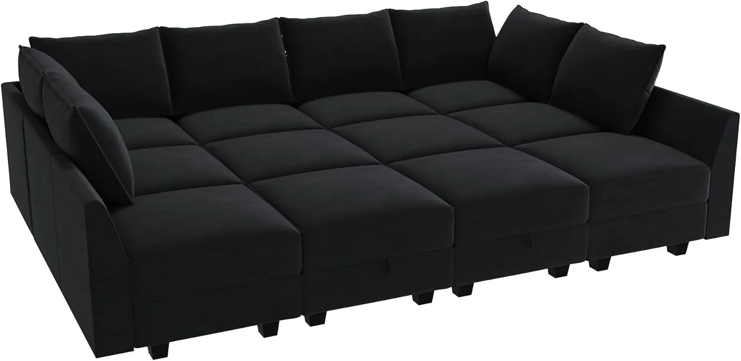 HONBAY Modular Sectional Sleeper Sofa Couch with Storage Seat Modular Convertible Sectional Couch Bed Module Sleeper Couch for Living Room,Black
