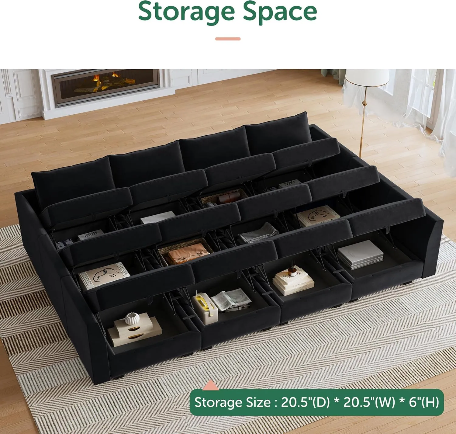 HONBAY Modular Sectional Sleeper Sofa Couch with Storage Seat Modular Convertible Sectional Couch Bed Module Sleeper Couch for Living Room,Black