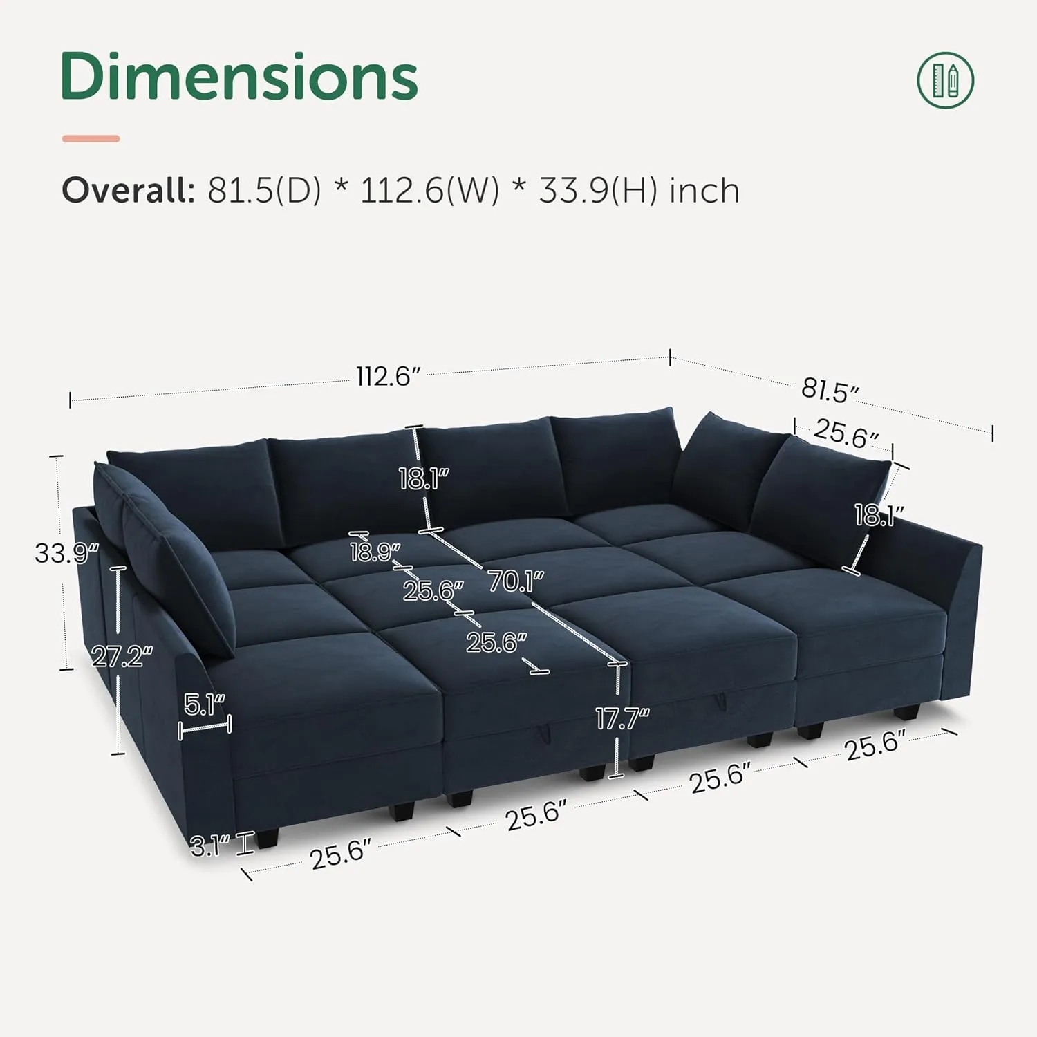 HONBAY Modular Sectional Sleeper Sofa Couch with Storage Seat Modular Convertible Sectional Couch Bed Module Sleeper Couches for Living Room,Dark Blue