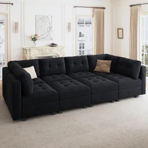 HONBAY Modular Sectional Sleeper Sofa with Storage, Velvet Modular Sofa Couch Oversized, 8-Seat Reversible Velvet Sleeper Sectional Sofa Bed for Living Room, Black