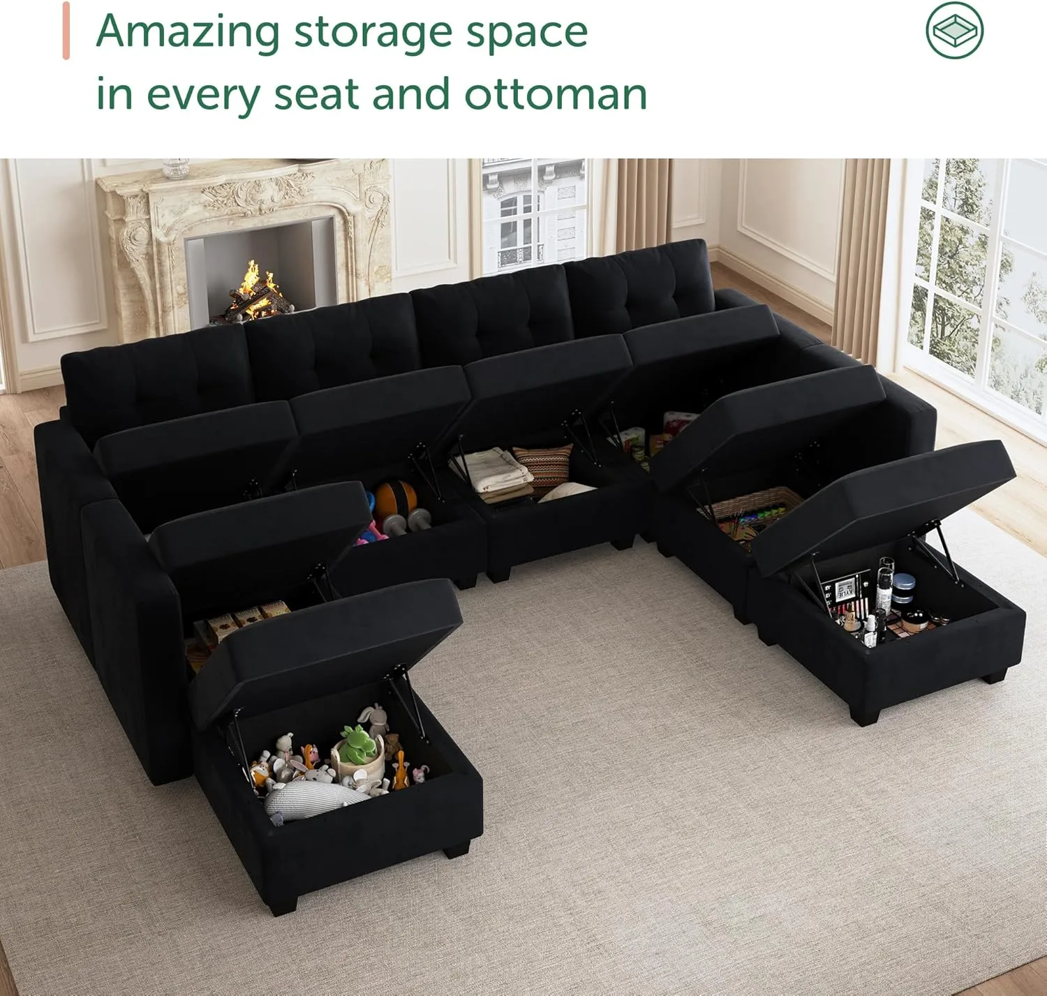 HONBAY Modular Sectional Sleeper Sofa with Storage, Velvet Modular Sofa Couch Oversized, 8-Seat Reversible Velvet Sleeper Sectional Sofa Bed for Living Room, Black