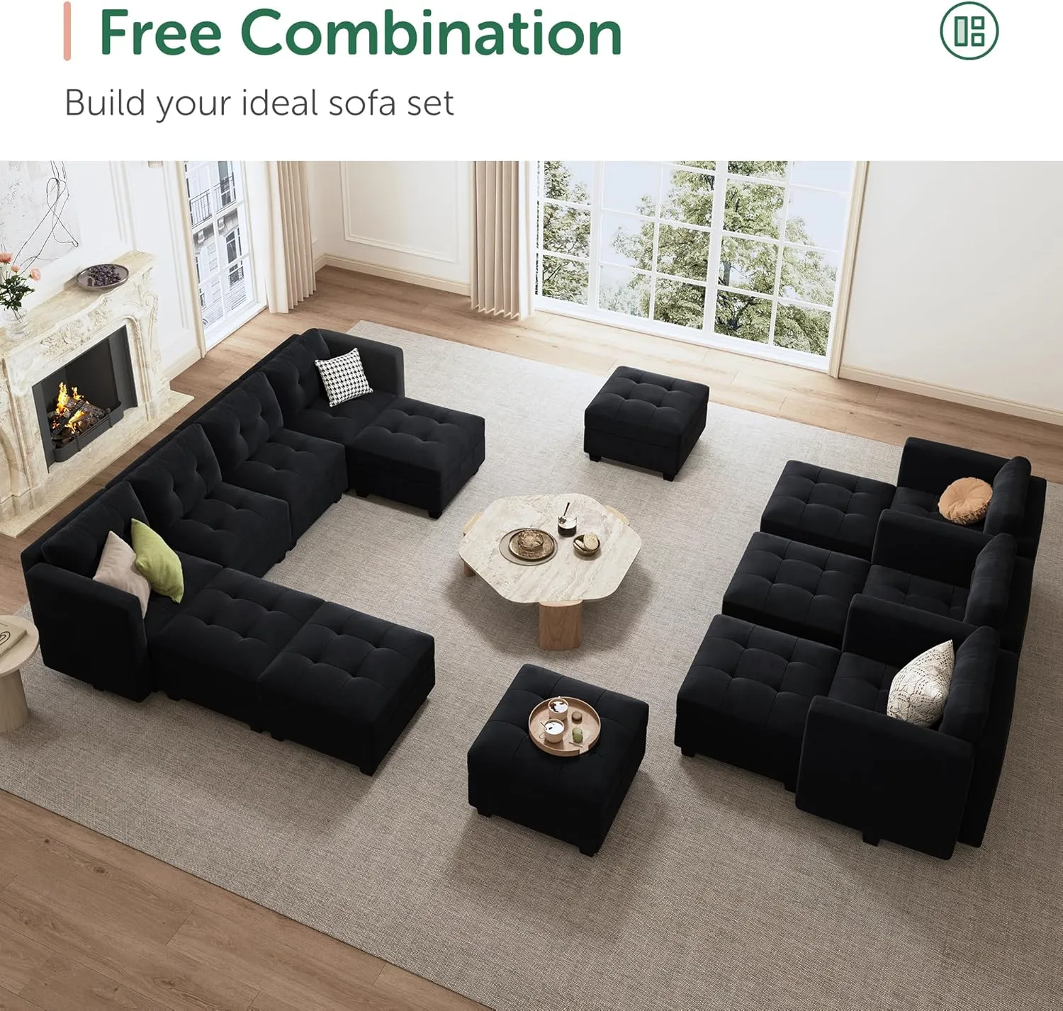 HONBAY Modular Sectional Sleeper Sofa with Storage, Velvet Modular Sofa Couch Oversized, 8-Seat Reversible Velvet Sleeper Sectional Sofa Bed for Living Room, Black