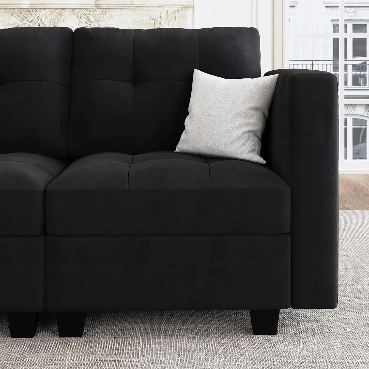HONBAY Modular Sectional Sleeper Sofa with Storage, Velvet Modular Sofa Couch Oversized, 8-Seat Reversible Velvet Sleeper Sectional Sofa Bed for Living Room, Black