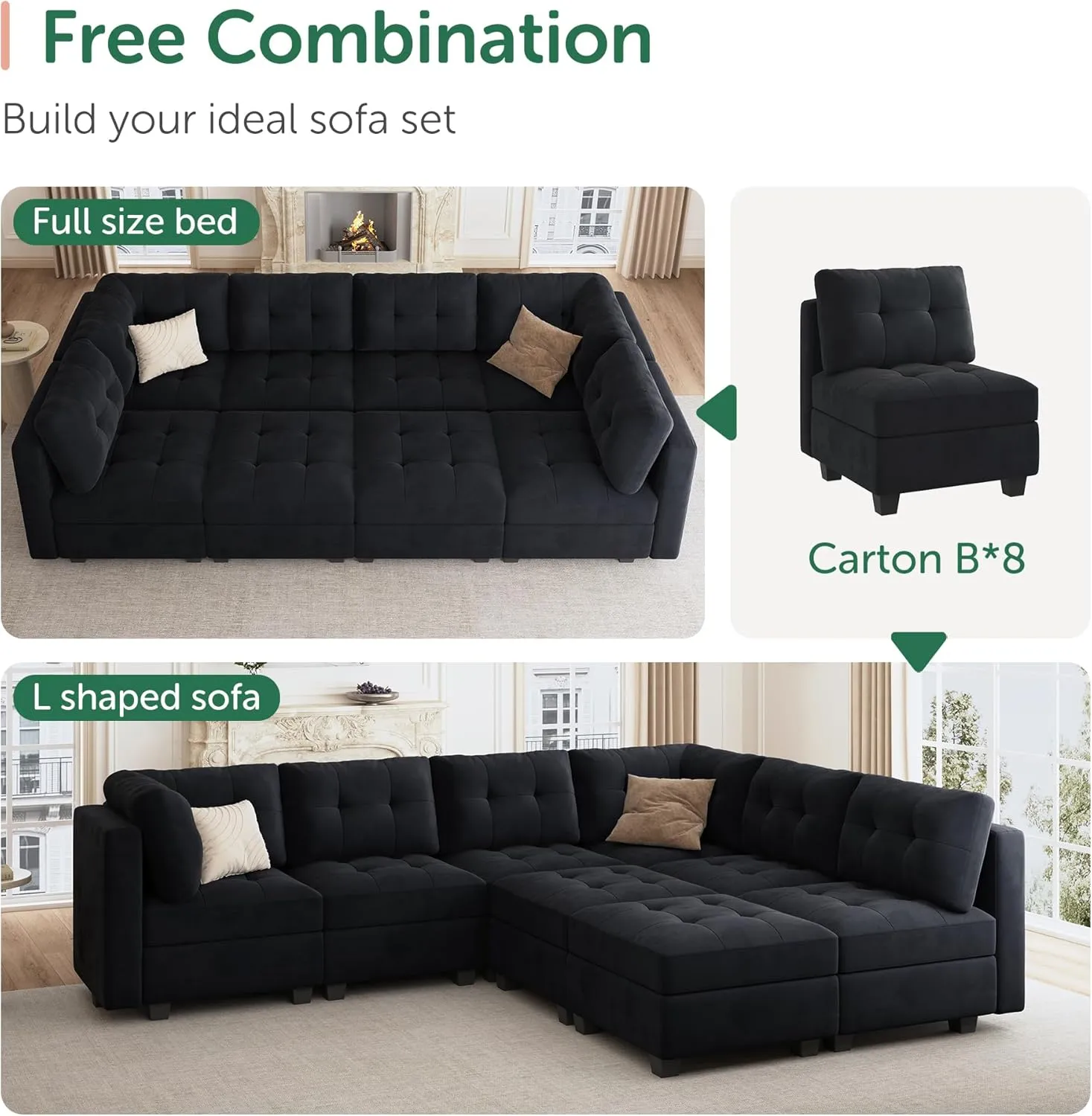 HONBAY Modular Sectional Sleeper Sofa with Storage, Velvet Modular Sofa Couch Oversized, 8-Seat Reversible Velvet Sleeper Sectional Sofa Bed for Living Room, Black