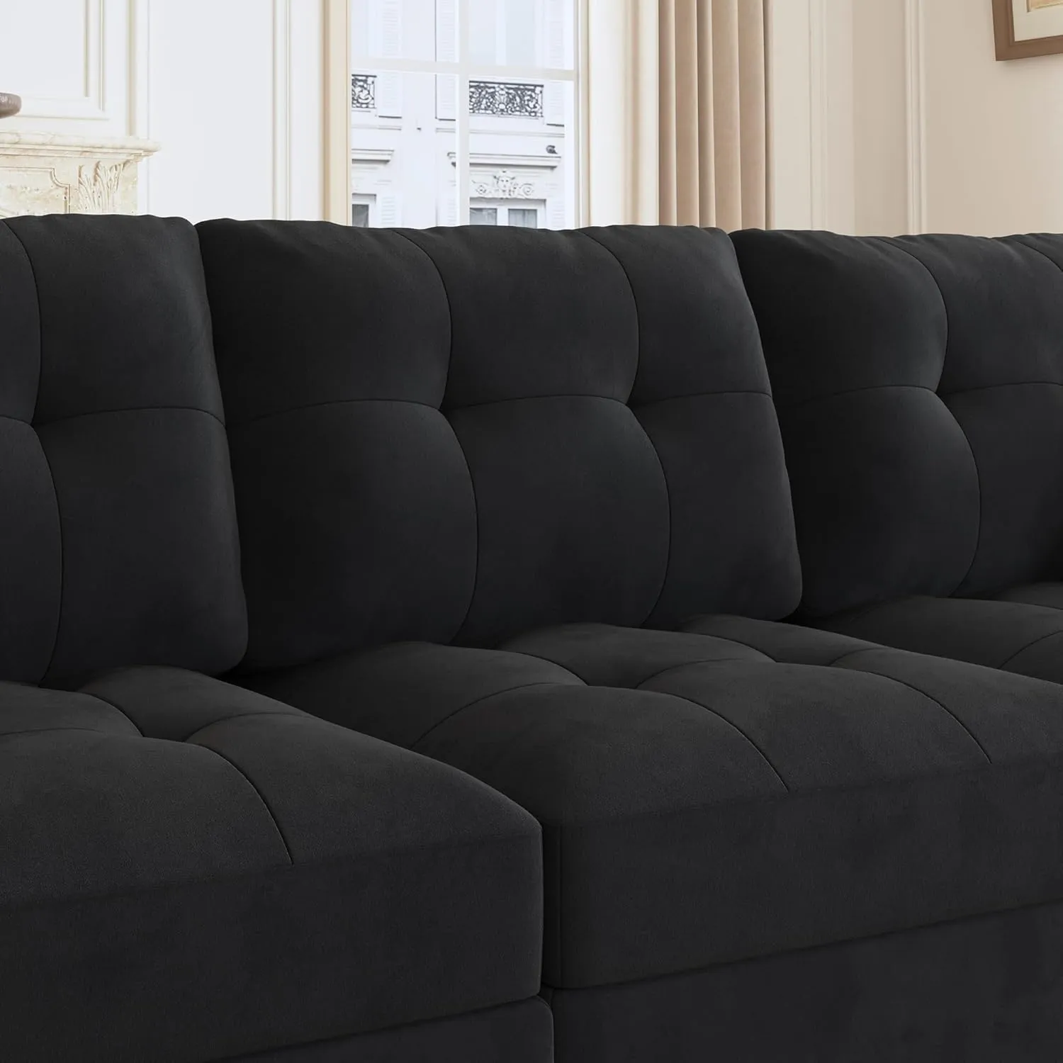 HONBAY Modular Sectional Sleeper Sofa with Storage, Velvet Modular Sofa Couch Oversized, 8-Seat Reversible Velvet Sleeper Sectional Sofa Bed for Living Room, Black