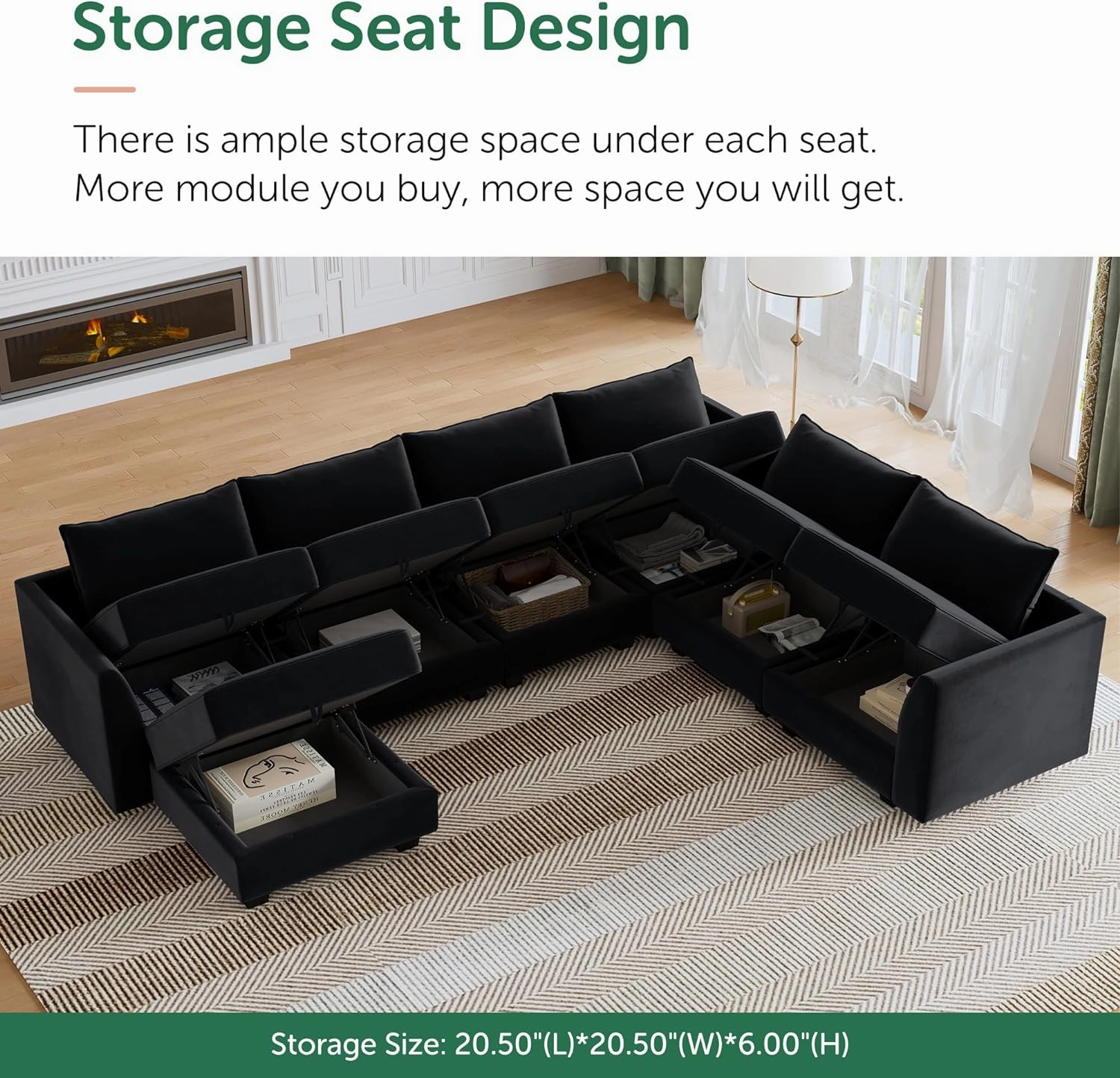 HONBAY Modular Sectional Sofa Velvet U Shaped Couch with Storage Sectional Couches for Living Room, Black