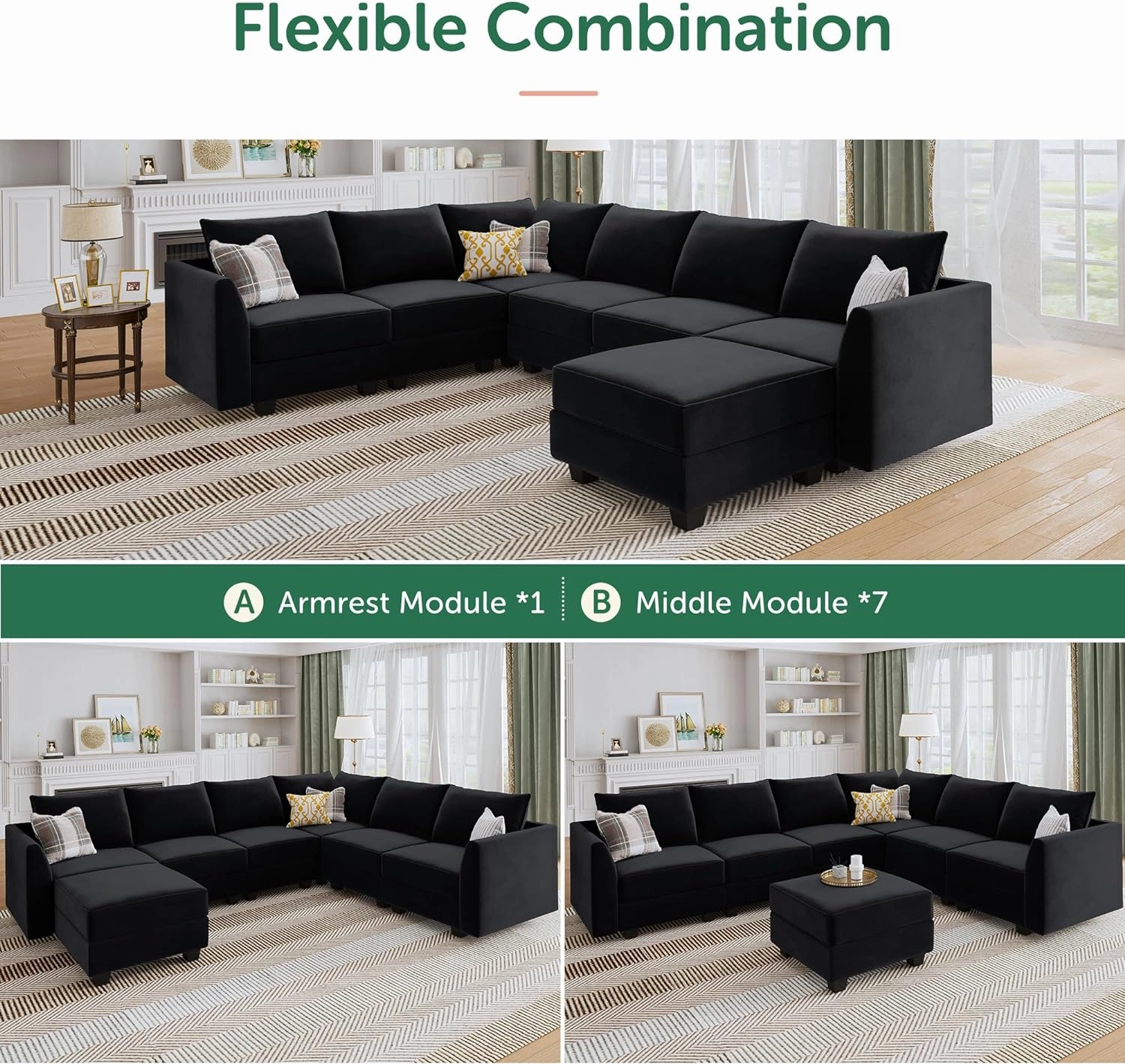 HONBAY Modular Sectional Sofa Velvet U Shaped Couch with Storage Sectional Couches for Living Room, Black