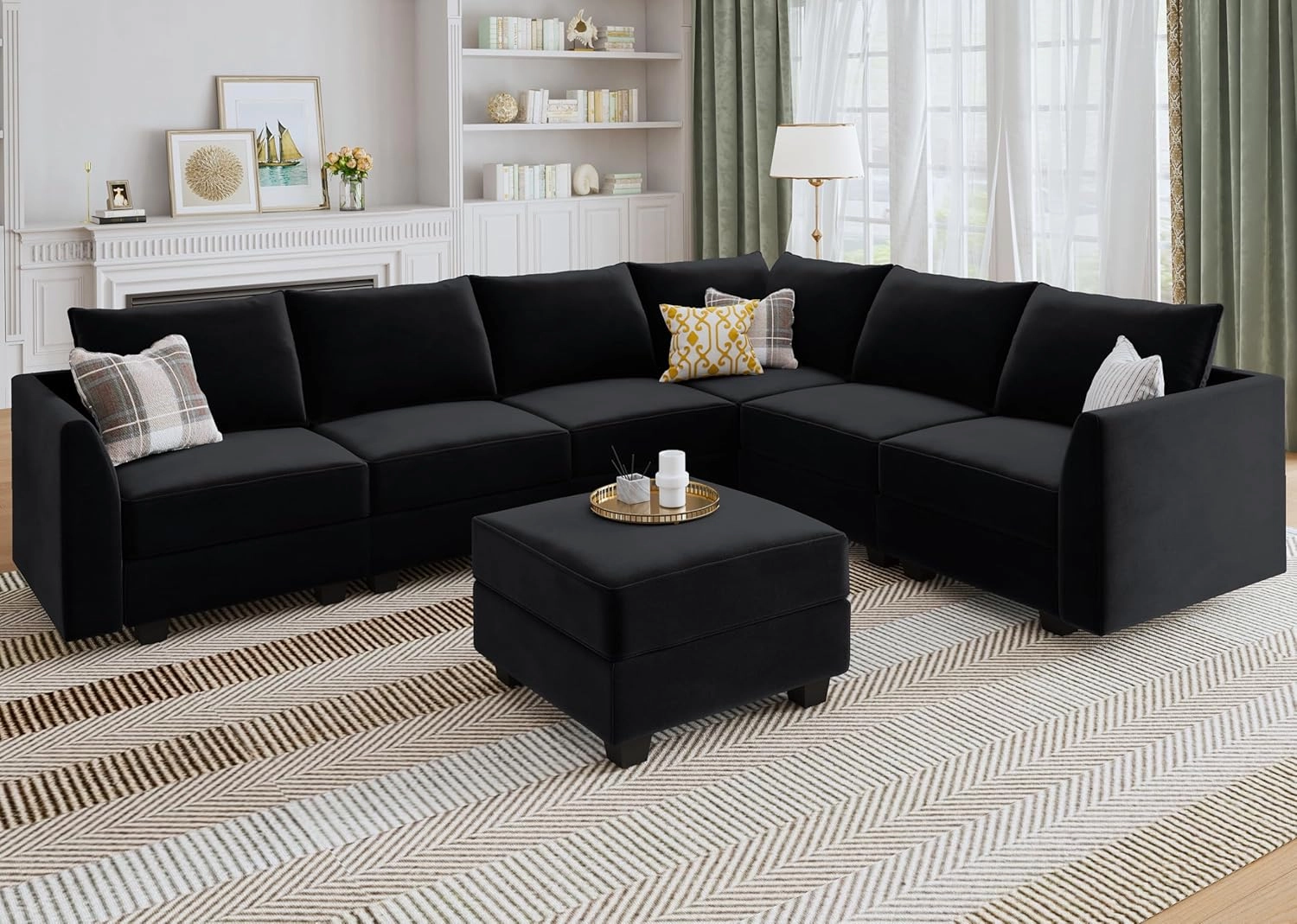 HONBAY Modular Sectional Sofa Velvet U Shaped Couch with Storage Sectional Couches for Living Room, Black