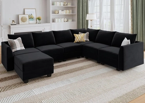 HONBAY Modular Sectional Sofa Velvet U Shaped Couch with Storage Sectional Couches for Living Room, Black