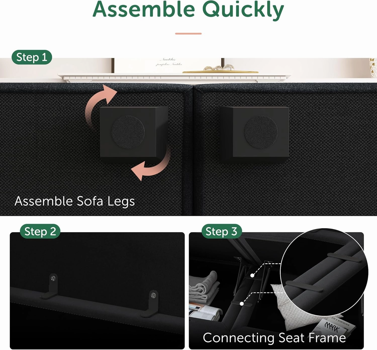 HONBAY Modular Sectional Sofa Velvet U Shaped Couch with Storage Sectional Couches for Living Room, Black