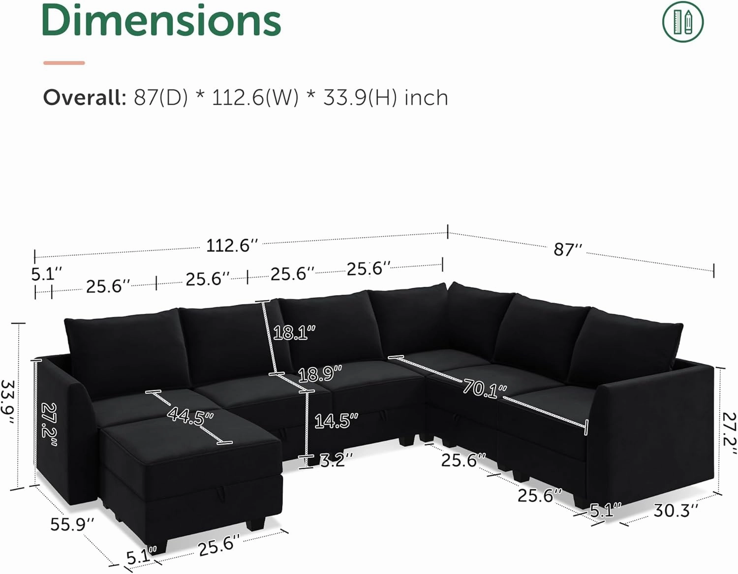 HONBAY Modular Sectional Sofa Velvet U Shaped Couch with Storage Sectional Couches for Living Room, Black