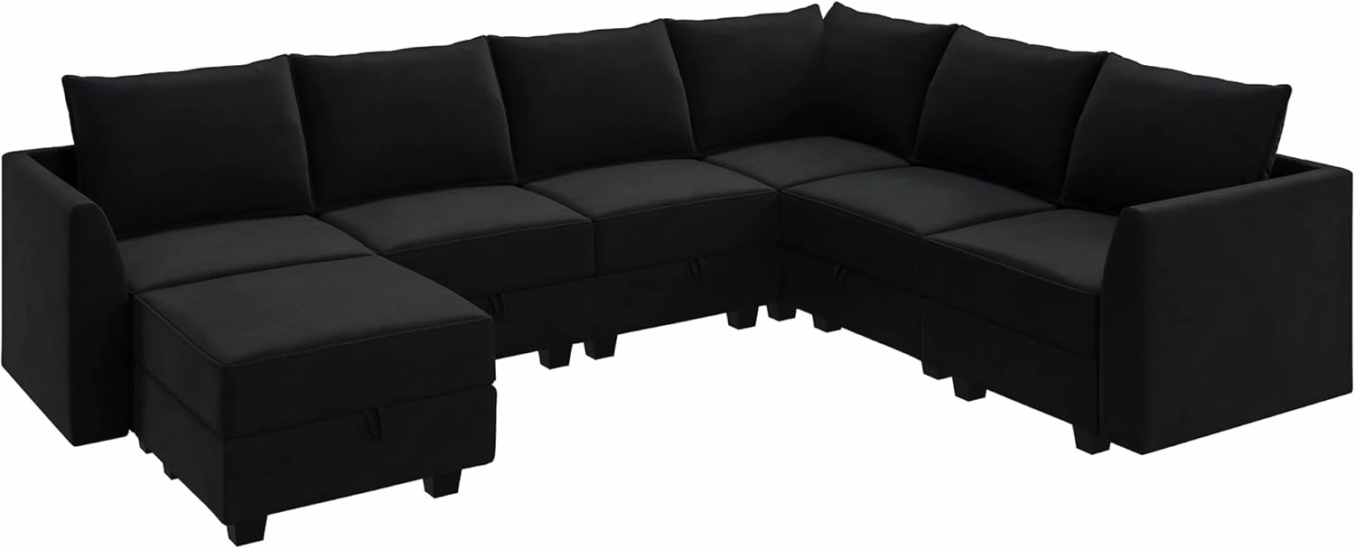 HONBAY Modular Sectional Sofa Velvet U Shaped Couch with Storage Sectional Couches for Living Room, Black