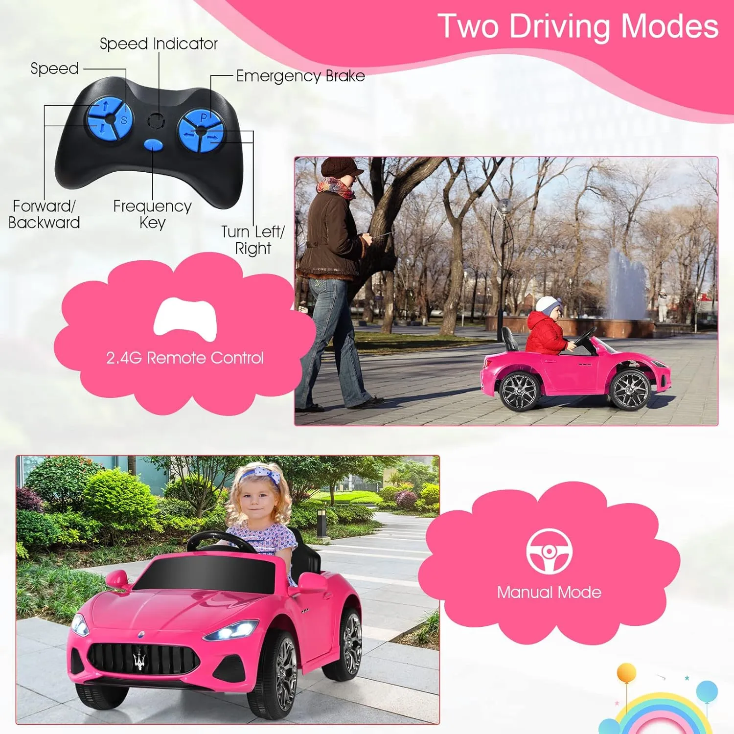 HONEY JOY Pink Ride On Car, Licensed Maserati GranCabrio, 12V Battery Powered Motorized Vehicle w/Remote Control, Spring Suspension, Double Doors, Lights, 4 Wheel Electric Vehicle for Kids(Pink)