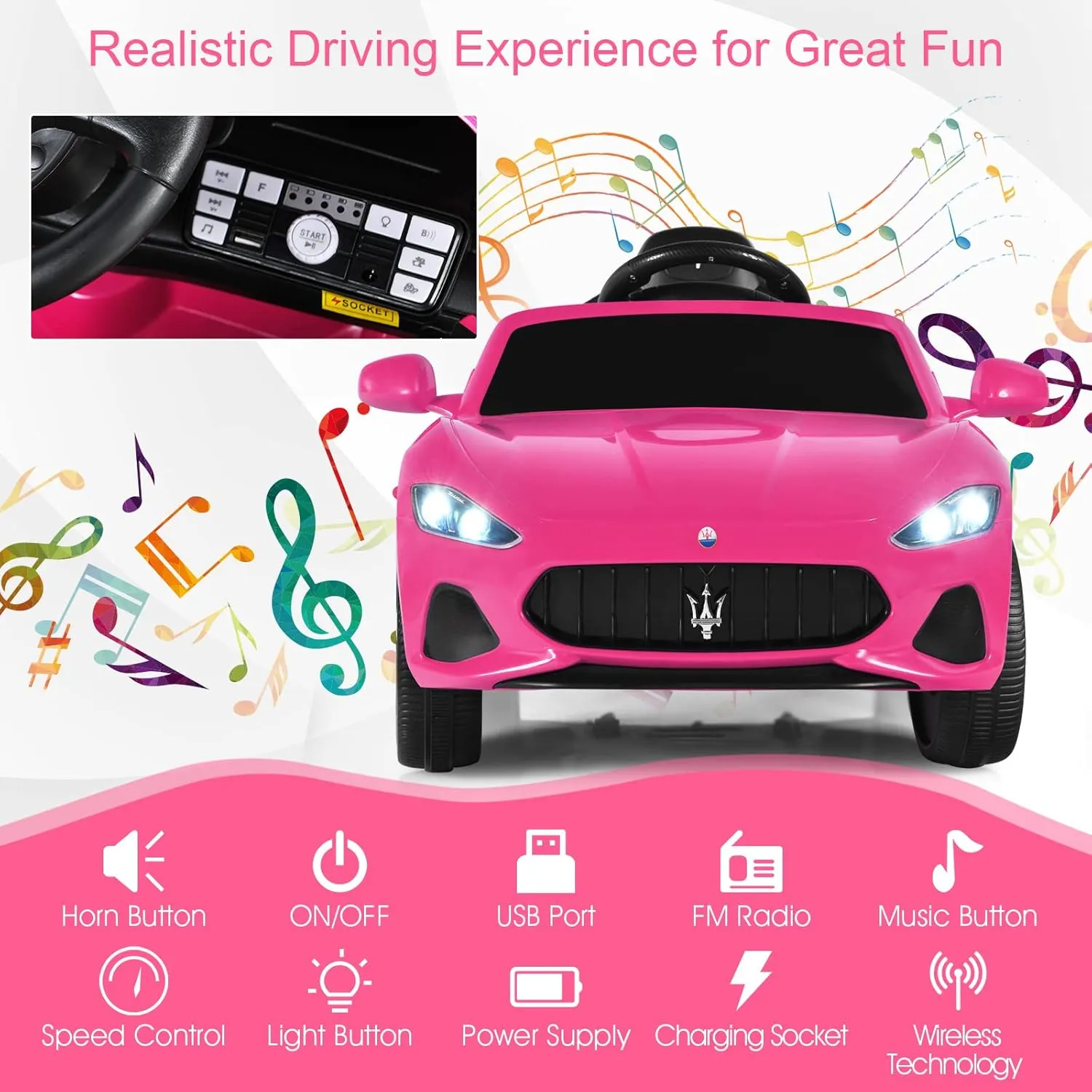HONEY JOY Pink Ride On Car, Licensed Maserati GranCabrio, 12V Battery Powered Motorized Vehicle w/Remote Control, Spring Suspension, Double Doors, Lights, 4 Wheel Electric Vehicle for Kids(Pink)