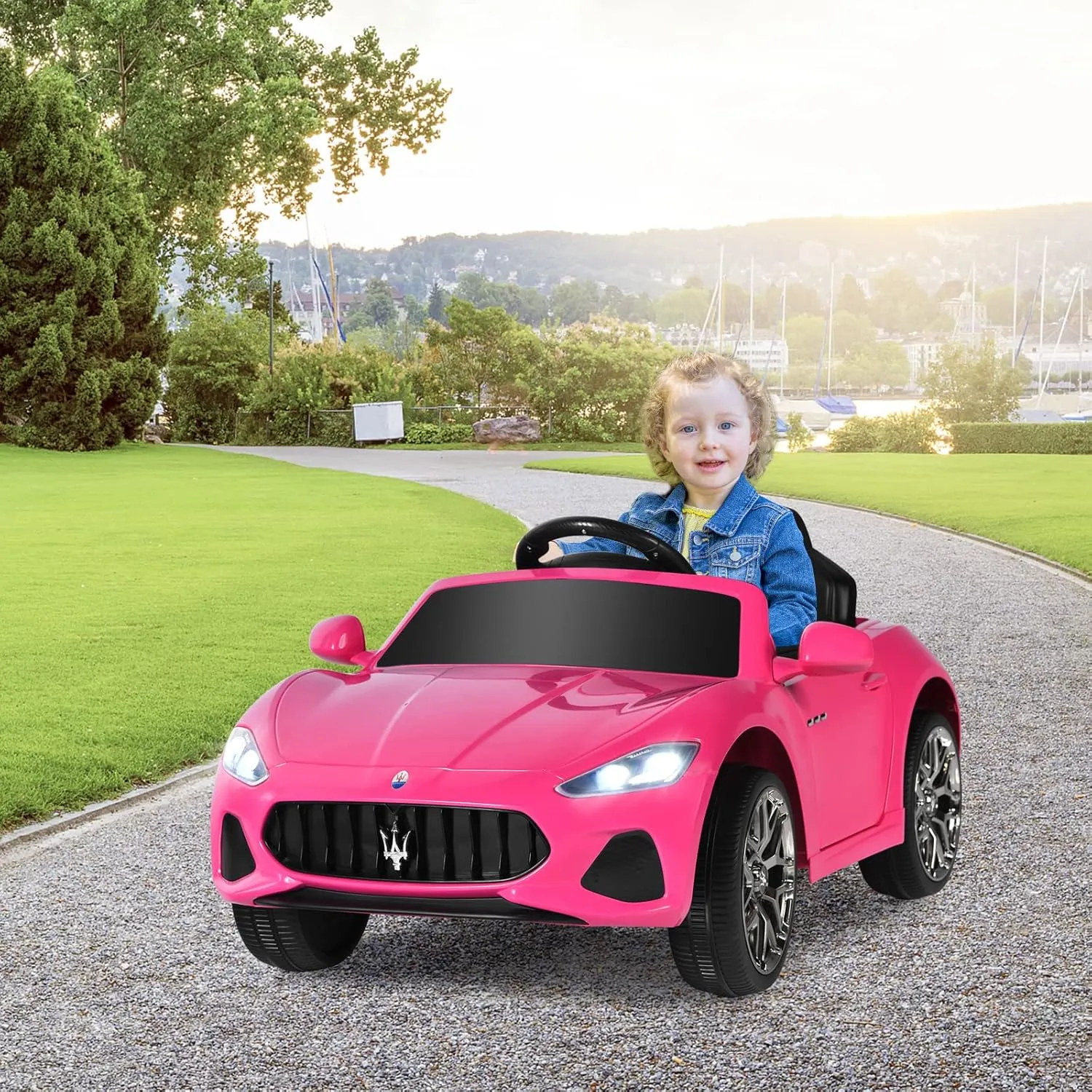 HONEY JOY Pink Ride On Car, Licensed Maserati GranCabrio, 12V Battery Powered Motorized Vehicle w/Remote Control, Spring Suspension, Double Doors, Lights, 4 Wheel Electric Vehicle for Kids(Pink)