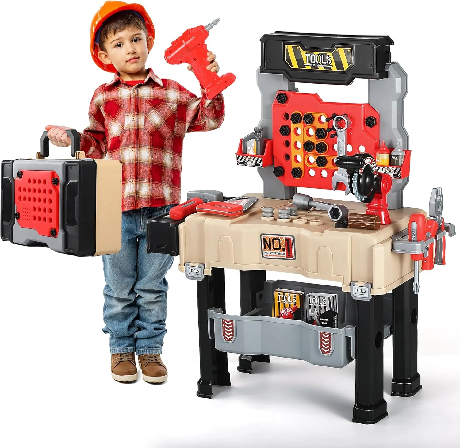 Honeystar Kids Tool Bench - Power Tools Workshop-Kids Workbench, 65 Pcs Realistic Toy Tools with Electronic Toy Drill, Gift for Boys & Girls Age 3-5, Khaki
