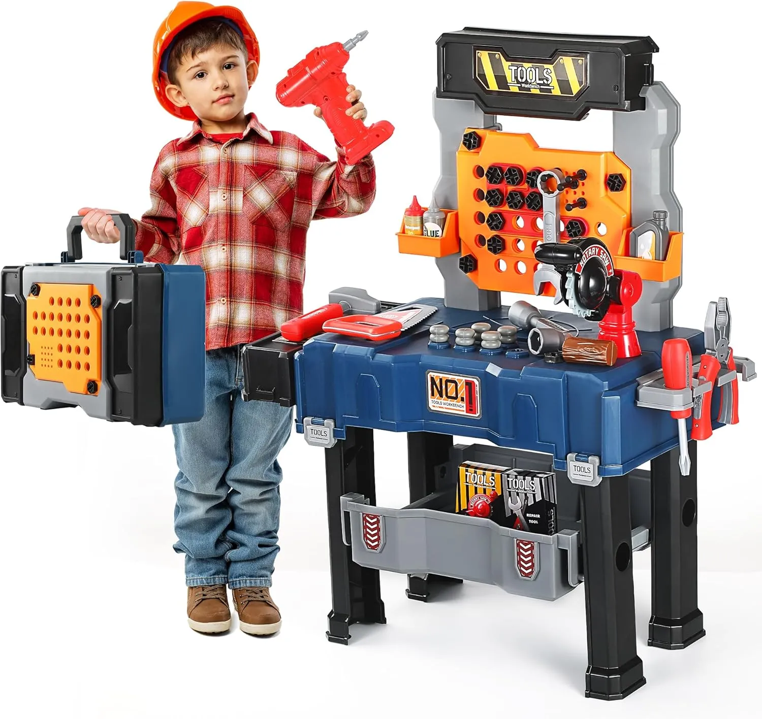 Honeystar Kids Tool Bench-Power Tools Workshop-Kids Workbench, 65 Pcs Realistic Toy Tools with Electronic Toy Drill, Gift for Boys & Girls Age 3-5, Navy Blue