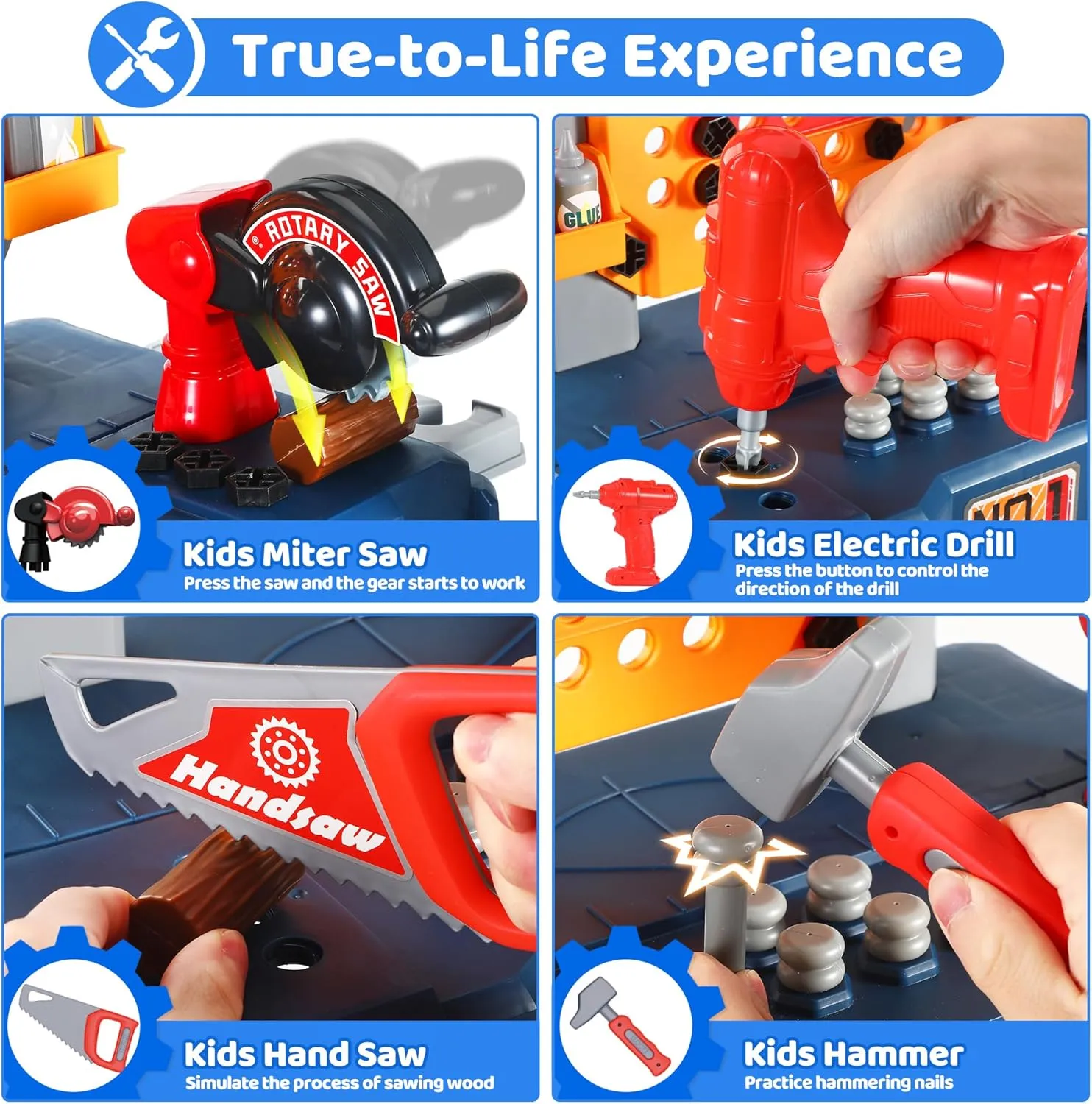Honeystar Kids Tool Bench-Power Tools Workshop-Kids Workbench, 65 Pcs Realistic Toy Tools with Electronic Toy Drill, Gift for Boys & Girls Age 3-5, Navy Blue