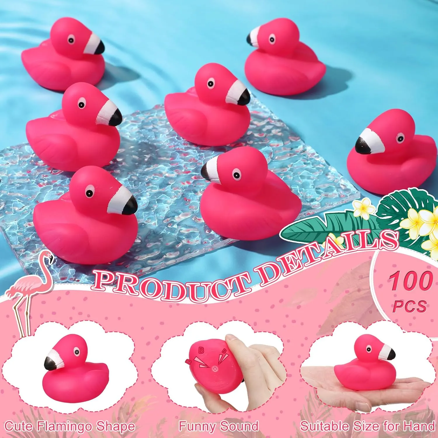 Honoson Flamingo Rubber Duckies Bulk Pink Flamingos Bath Toys Floating Squeak Seasonal Holiday Rubber Ducks for Baby Shower Party Favors, Cake Decoration, Classroom Prizes(100 Pcs)