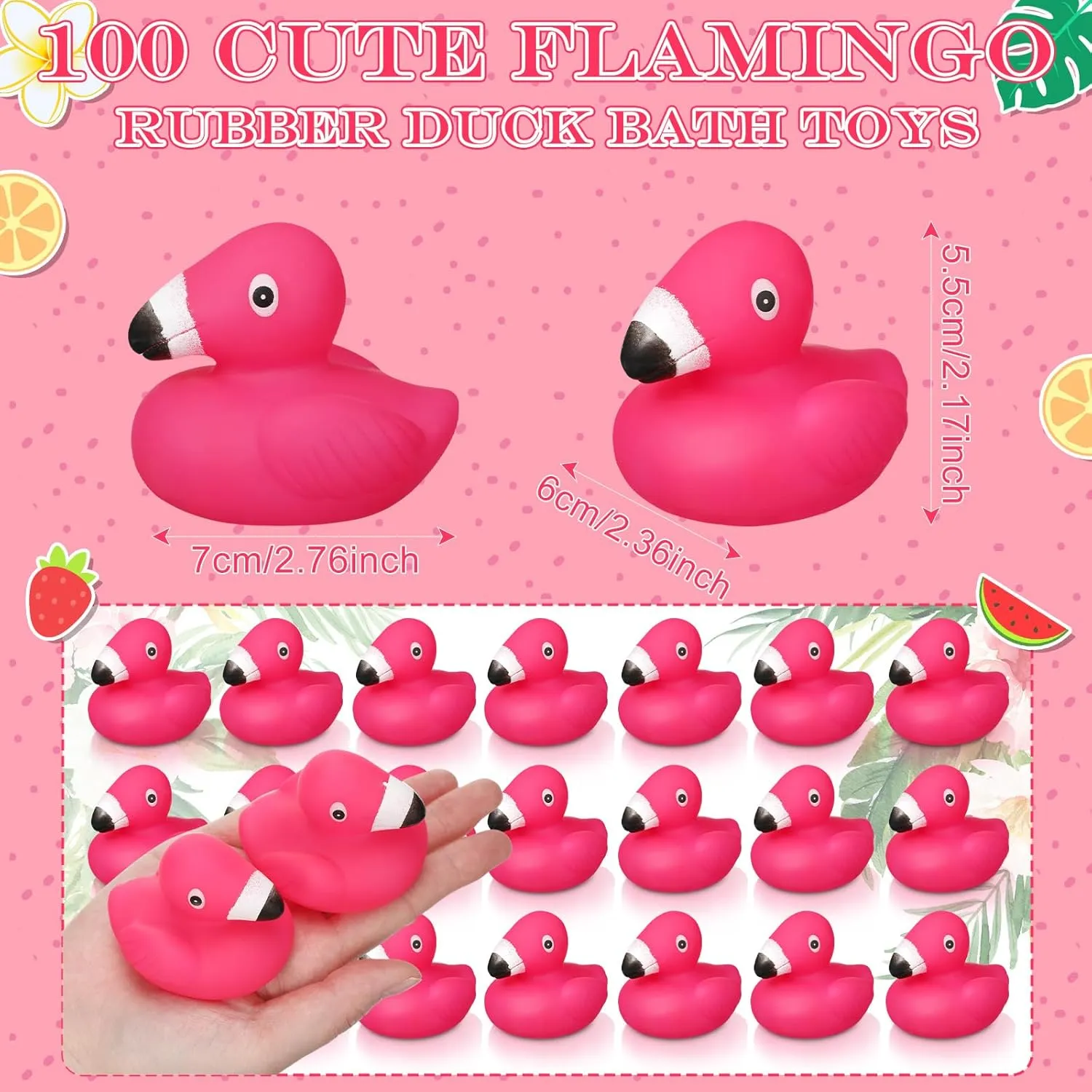 Honoson Flamingo Rubber Duckies Bulk Pink Flamingos Bath Toys Floating Squeak Seasonal Holiday Rubber Ducks for Baby Shower Party Favors, Cake Decoration, Classroom Prizes(100 Pcs)