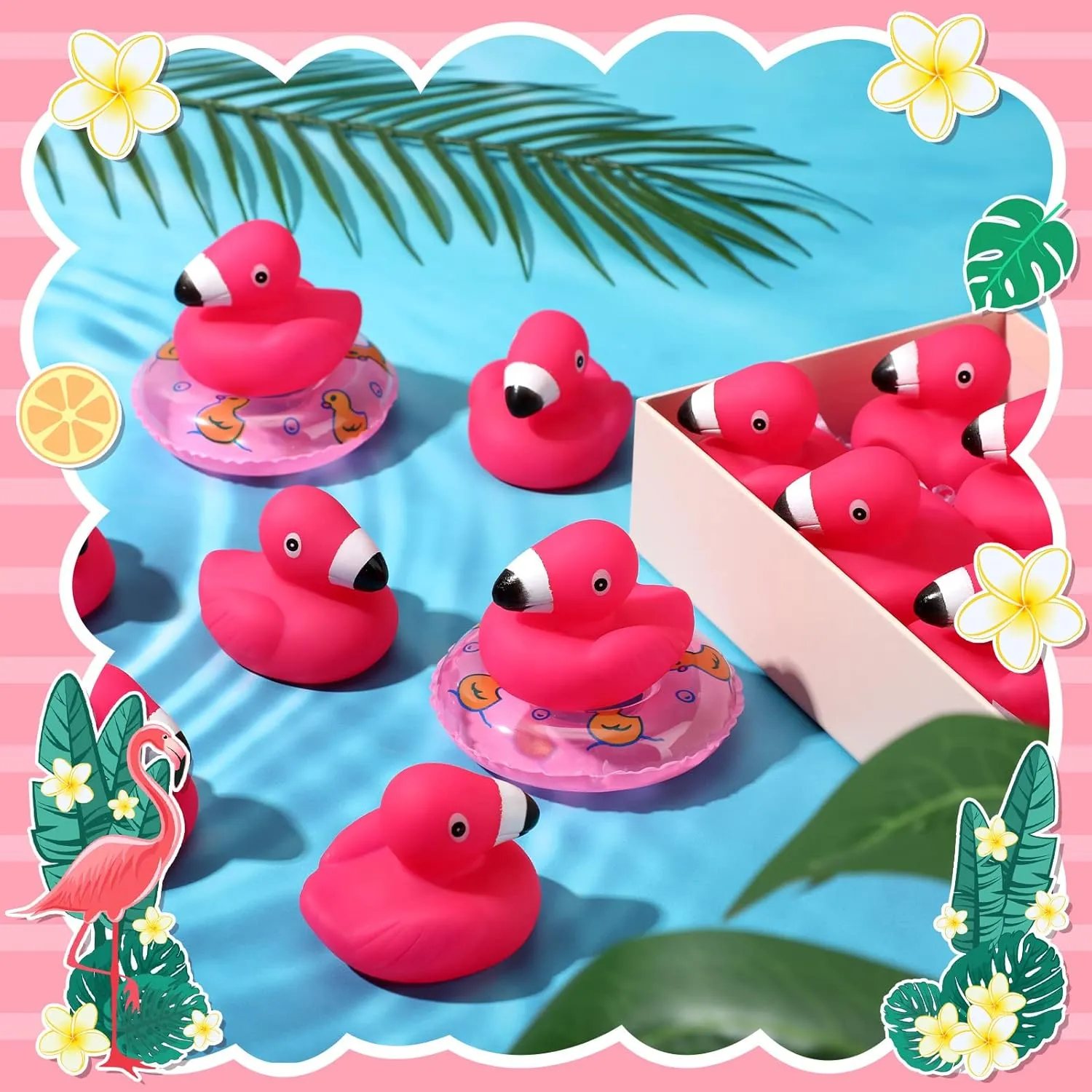 Honoson Flamingo Rubber Duckies Bulk Pink Flamingos Bath Toys Floating Squeak Seasonal Holiday Rubber Ducks for Baby Shower Party Favors, Cake Decoration, Classroom Prizes(100 Pcs)