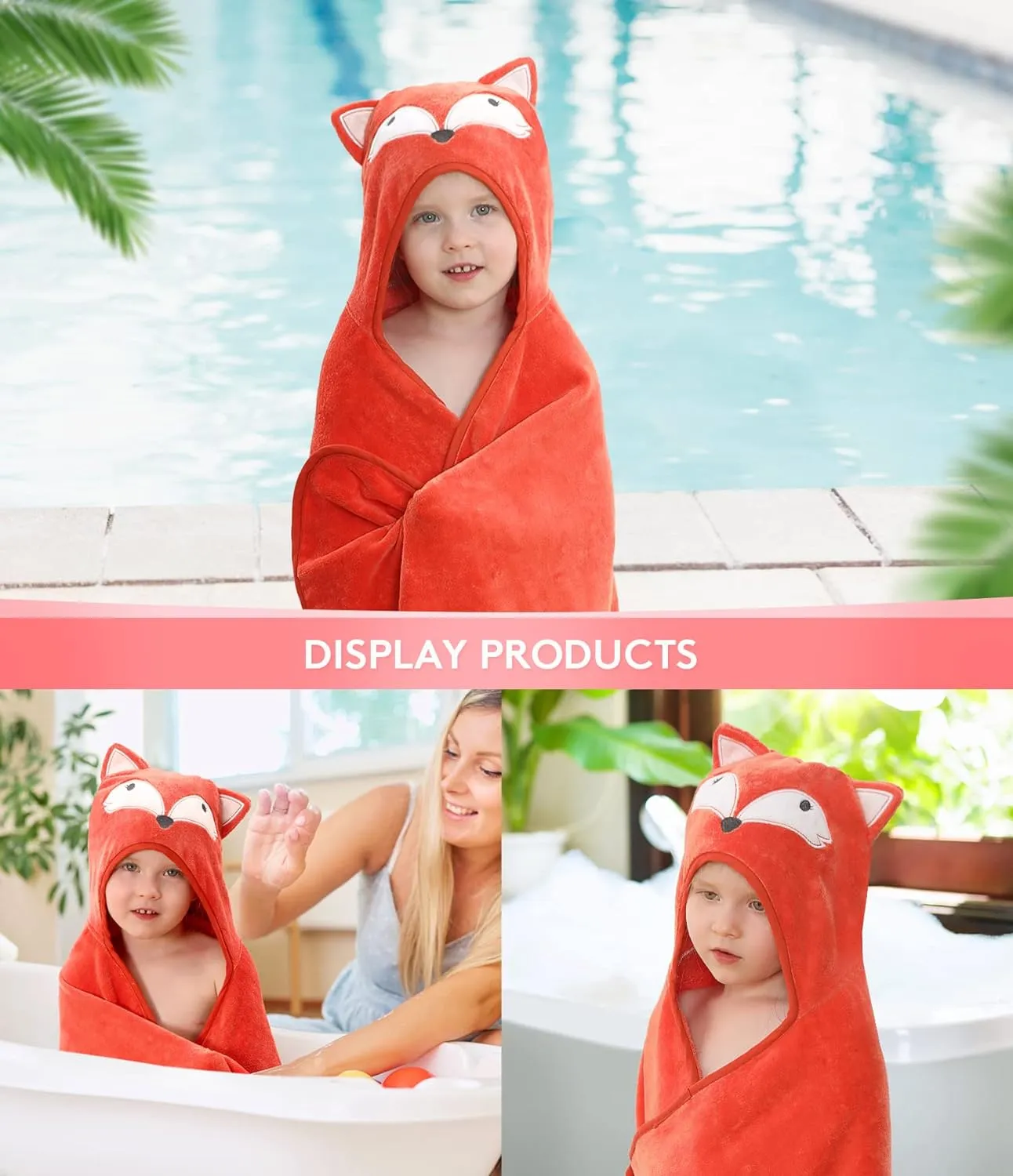 Hooded Towel for Kids 100% Cotton Ultra Soft with Unique Animal Design Large for Infants 3-10 Years (Fox)