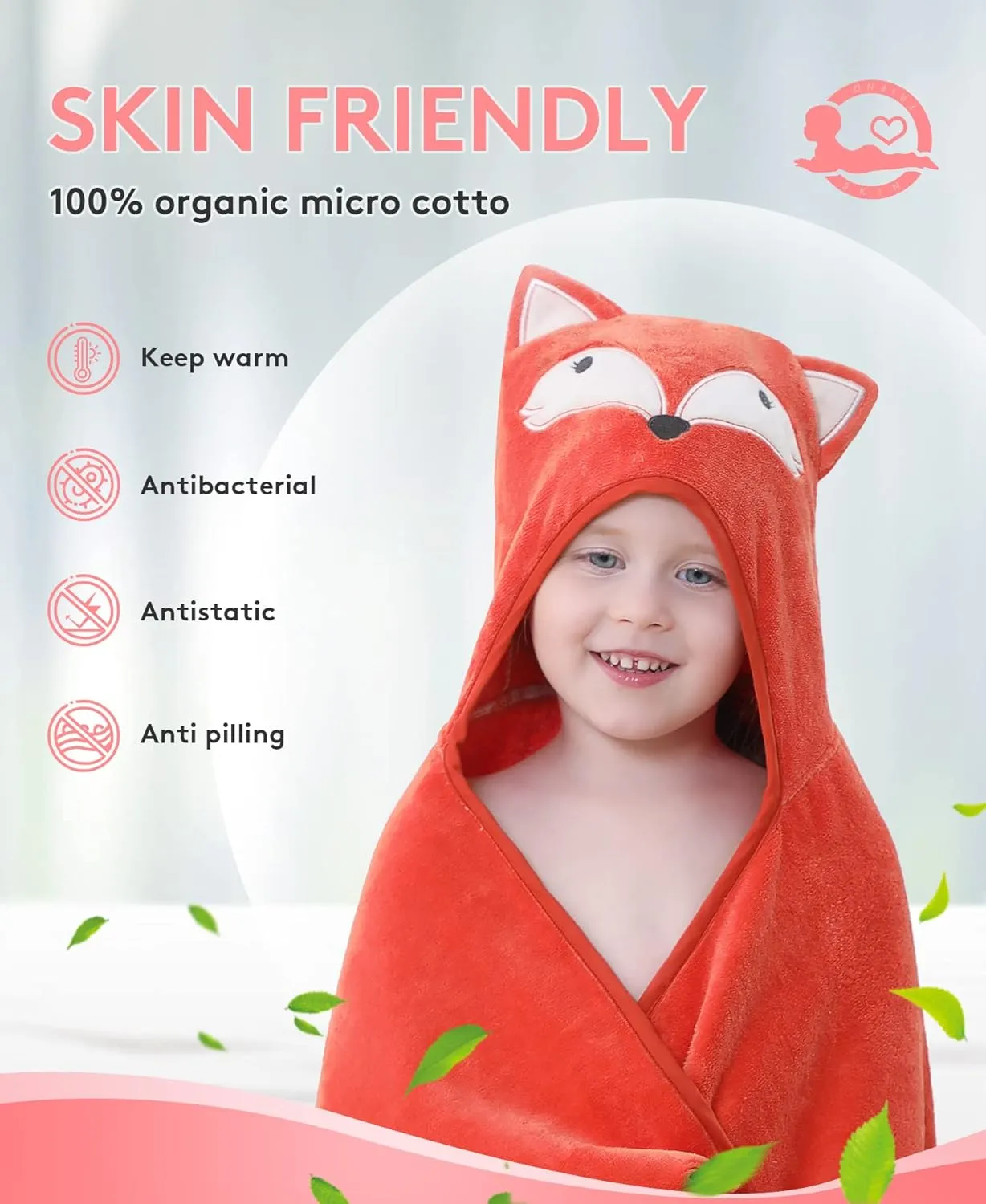 Hooded Towel for Kids 100% Cotton Ultra Soft with Unique Animal Design Large for Infants 3-10 Years (Fox)