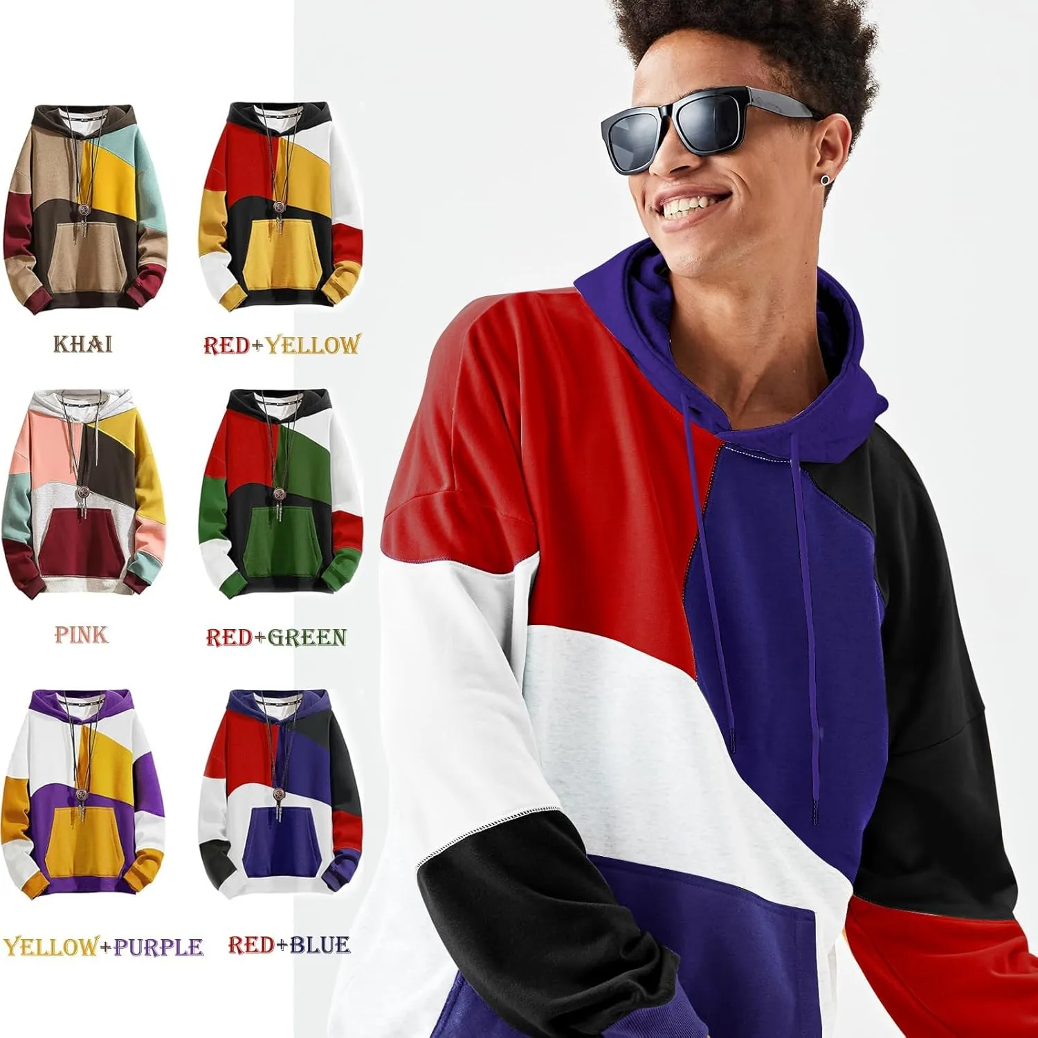 Hoodies for Men Color Block Hoodie with Design Hip Hop Colorful Hooded Pullover Novelty Sweatshirt