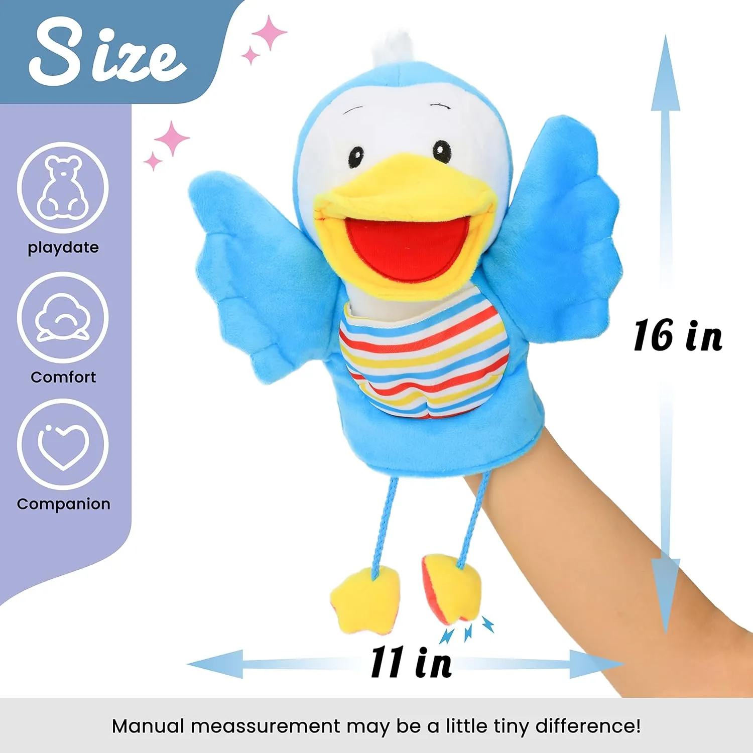Hopearl Plush Bird Hand Puppet with Open Movable Mouth for Imaginative Play, Role Play, Interactive Toy for Storytelling Teaching Puppet Theater, Gifts for Kids Boys Girls, Blue, 16''