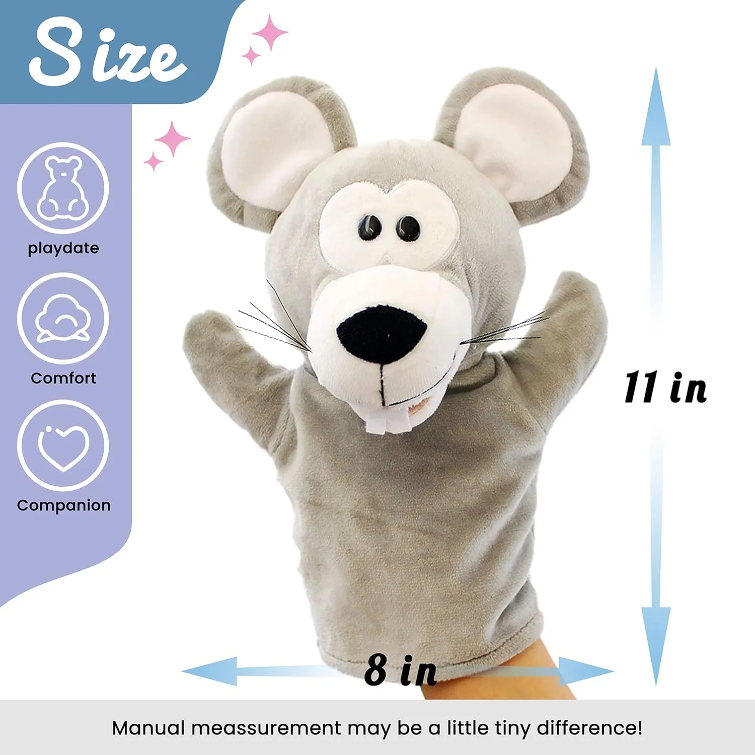 Hopearl Plush Mouse Hand Puppet with Open Movable Mouth for Imaginative Play, Role Play, Interactive Toy for Storytelling Teaching Puppet Theater, Gifts for Kids Boys Girls, Gray, 11''