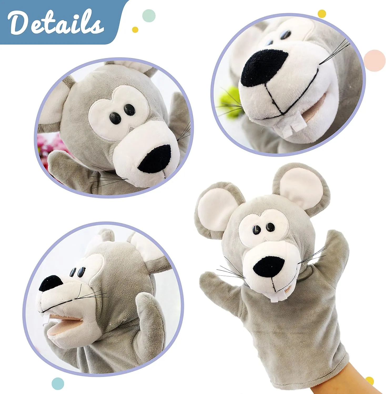 Hopearl Plush Mouse Hand Puppet with Open Movable Mouth for Imaginative Play, Role Play, Interactive Toy for Storytelling Teaching Puppet Theater, Gifts for Kids Boys Girls, Gray, 11''