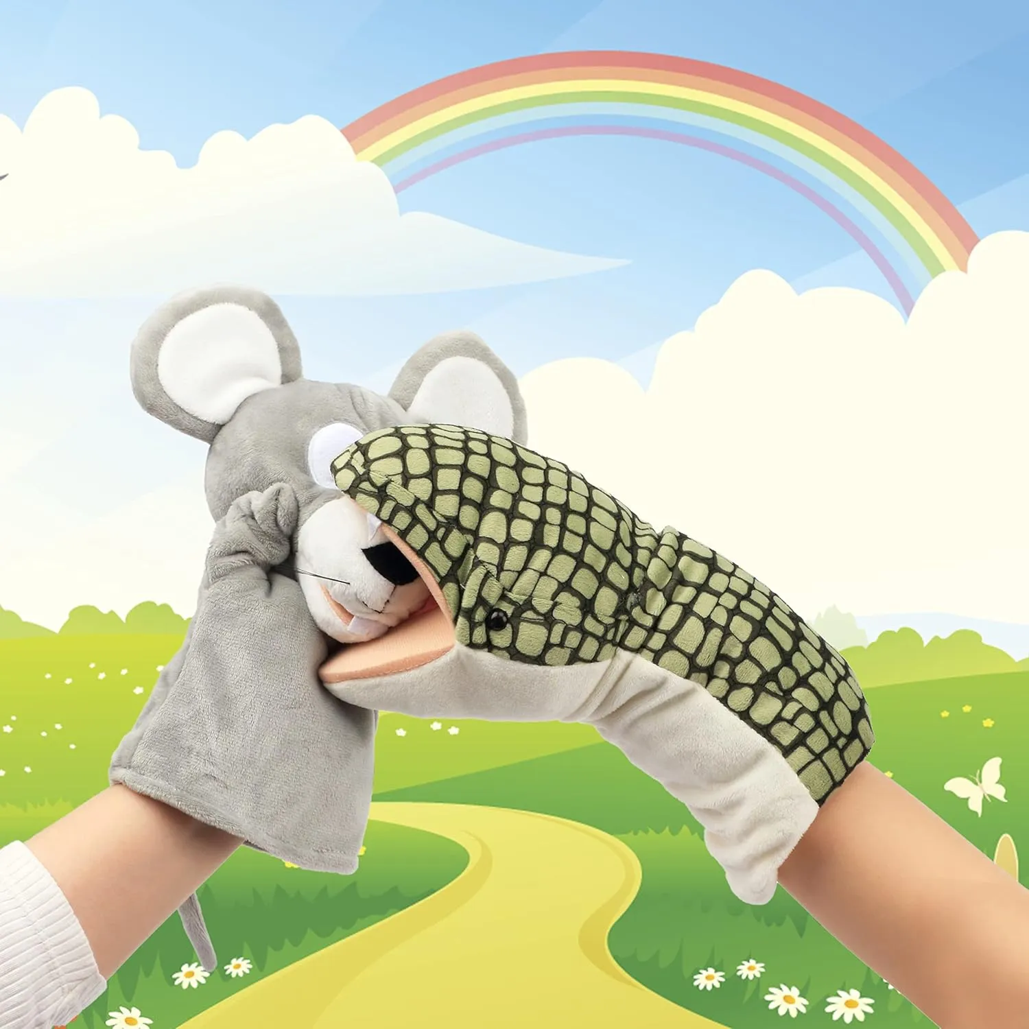 Hopearl Plush Mouse Hand Puppet with Open Movable Mouth for Imaginative Play, Role Play, Interactive Toy for Storytelling Teaching Puppet Theater, Gifts for Kids Boys Girls, Gray, 11''
